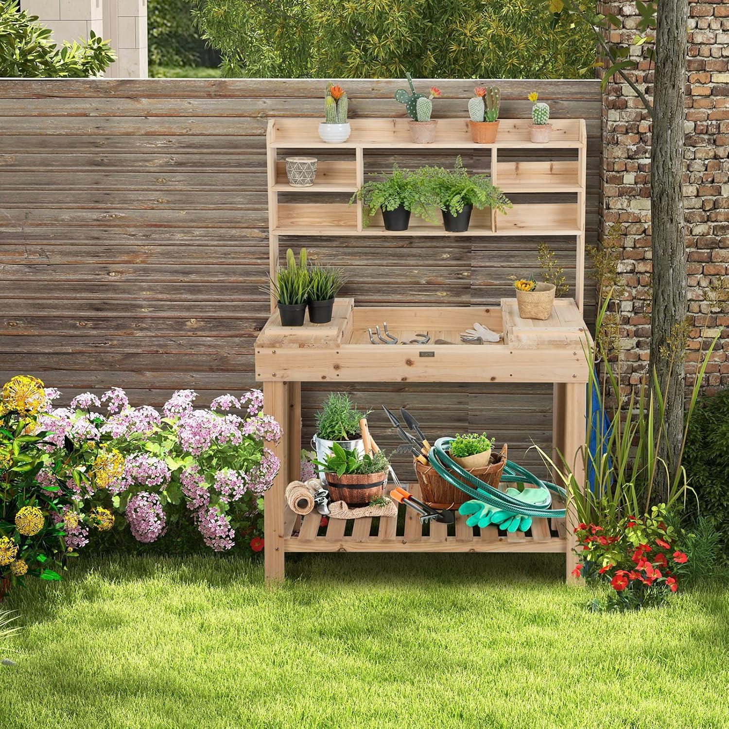 image:imageGiantex Garden Potting Bench Table Large Workbench Table with Shelves Openable Tabletop Hidden Storage Cabinet 3 Hooks Outdoor Wooden Workstation for Patio Garden Garage 435x195x 605Natural