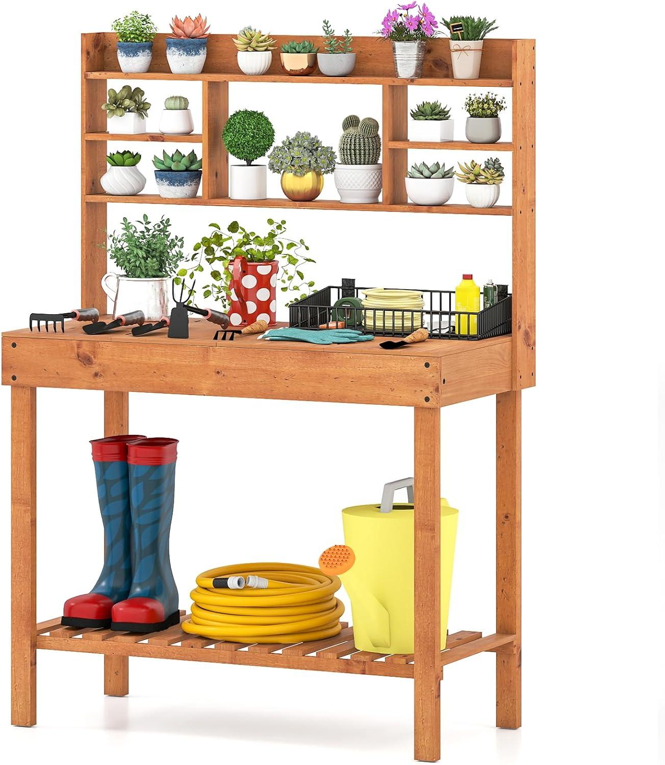 image:imageGiantex Garden Potting Bench Table Large Workbench Table with Shelves Openable Tabletop Hidden Storage Cabinet 3 Hooks Outdoor Wooden Workstation for Patio Garden Garage 435x195x 605Brown