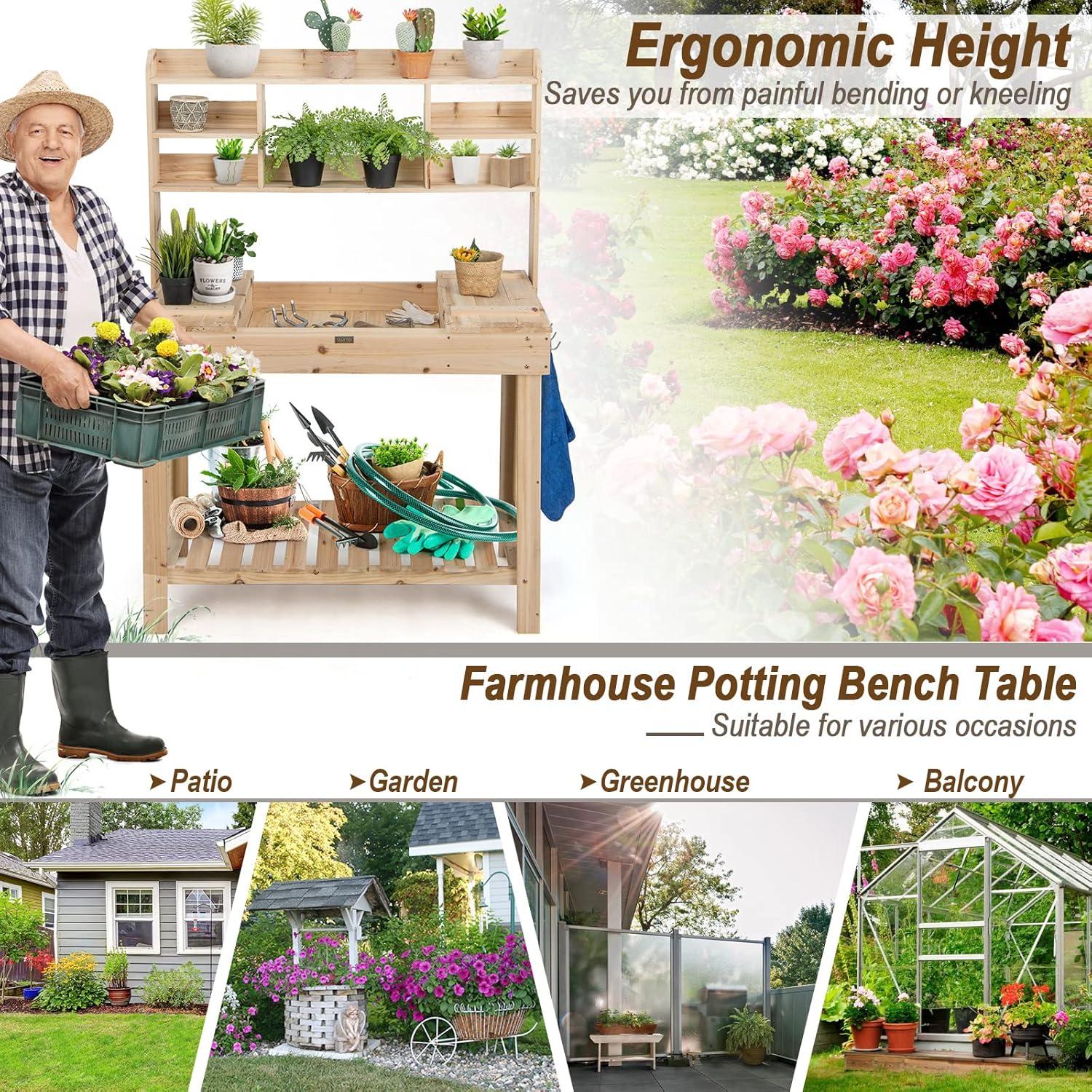 image:imageGiantex Garden Potting Bench Table Large Workbench Table with Shelves Openable Tabletop Hidden Storage Cabinet 3 Hooks Outdoor Wooden Workstation for Patio Garden Garage 435x195x 605Natural