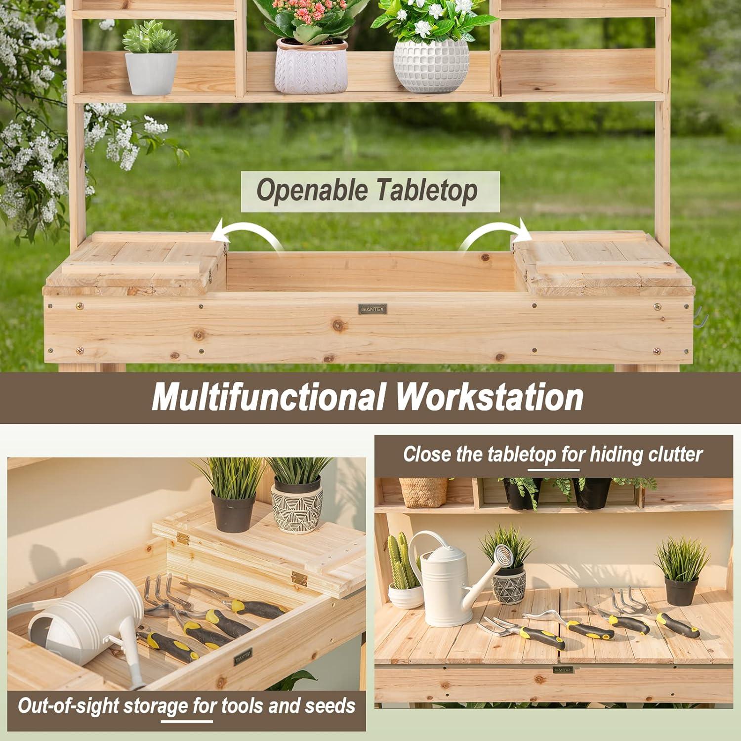 image:imageGiantex Garden Potting Bench Table Large Workbench Table with Shelves Openable Tabletop Hidden Storage Cabinet 3 Hooks Outdoor Wooden Workstation for Patio Garden Garage 435x195x 605Natural