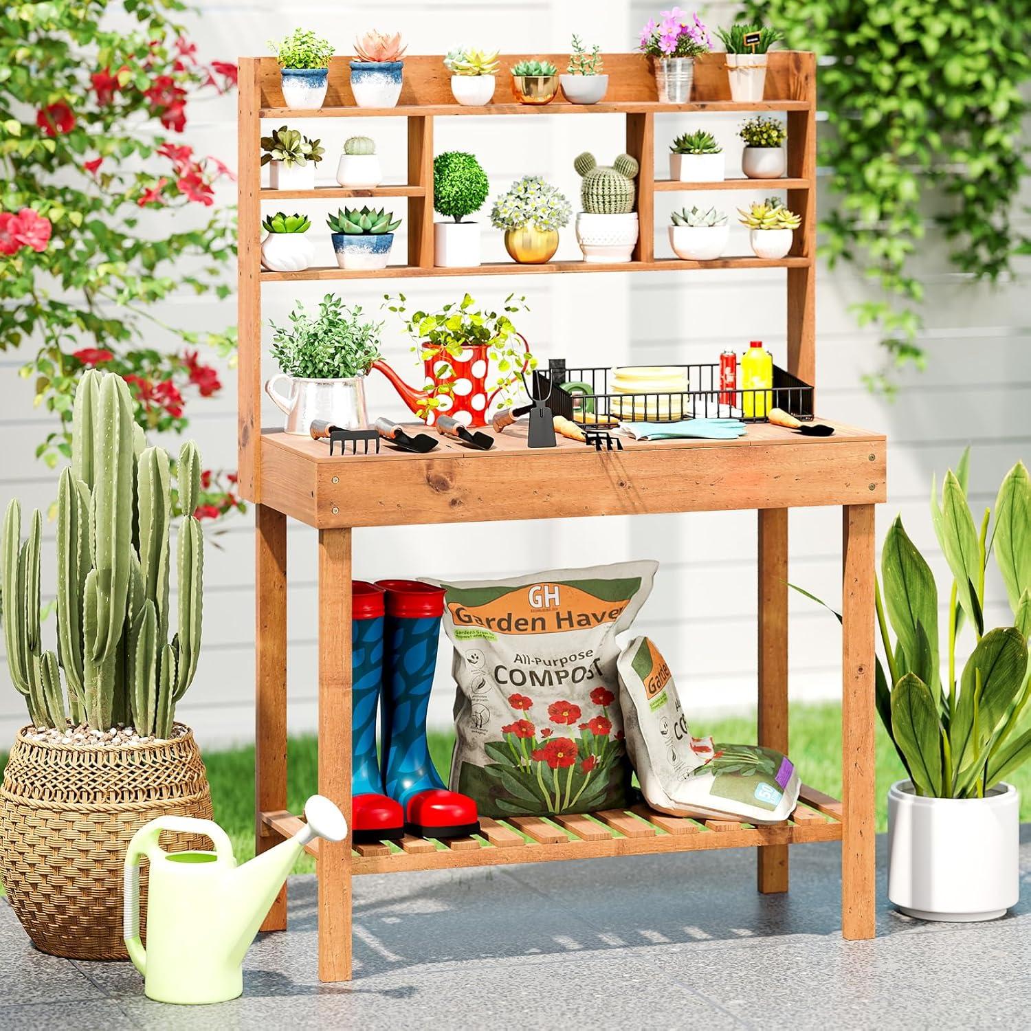 image:imageGiantex Garden Potting Bench Table Large Workbench Table with Shelves Openable Tabletop Hidden Storage Cabinet 3 Hooks Outdoor Wooden Workstation for Patio Garden Garage 435x195x 605Brown