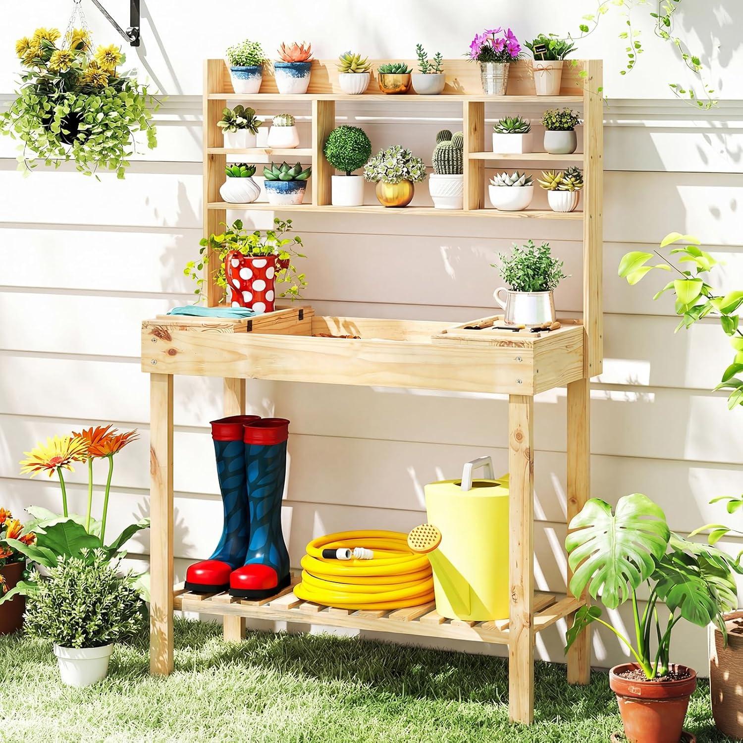 image:imageGiantex Garden Potting Bench Table Large Workbench Table with Shelves Openable Tabletop Hidden Storage Cabinet 3 Hooks Outdoor Wooden Workstation for Patio Garden Garage 435x195x 605Natural