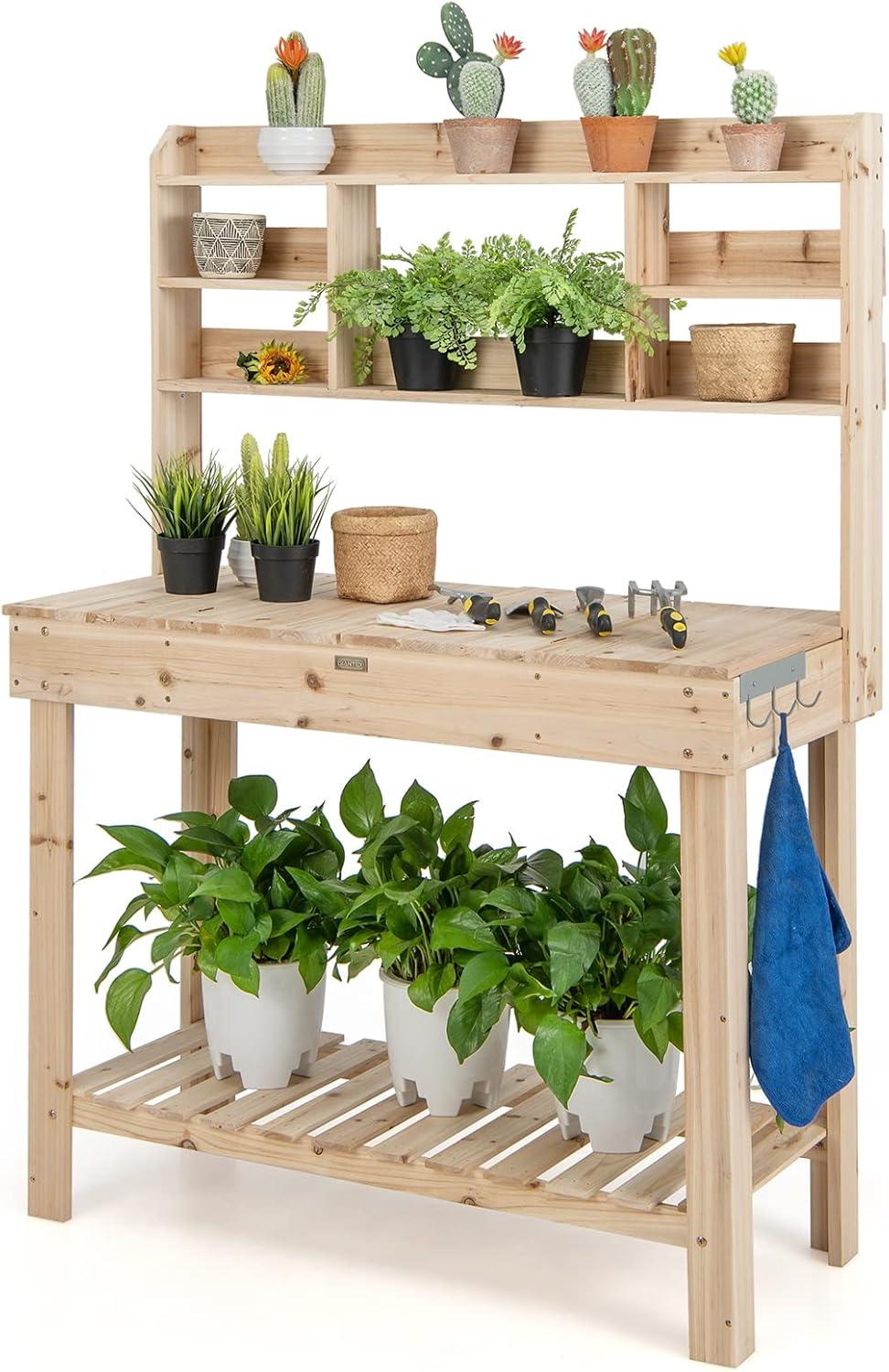 image:imageGiantex Garden Potting Bench Table Large Workbench Table with Shelves Openable Tabletop Hidden Storage Cabinet 3 Hooks Outdoor Wooden Workstation for Patio Garden Garage 435x195x 605Natural