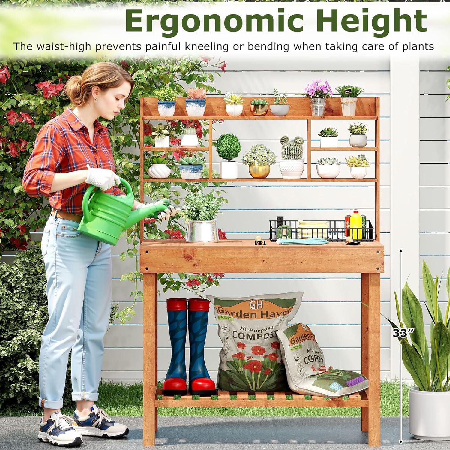 image:imageGiantex Garden Potting Bench Table Large Workbench Table with Shelves Openable Tabletop Hidden Storage Cabinet 3 Hooks Outdoor Wooden Workstation for Patio Garden Garage 435x195x 605Brown
