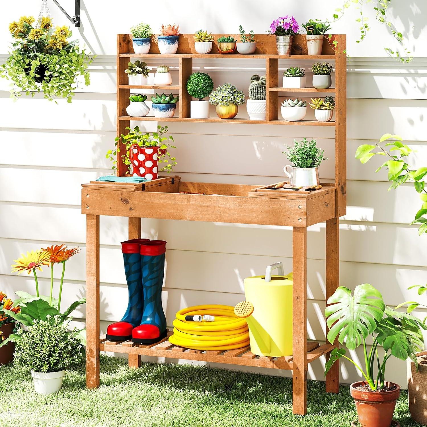 image:imageGiantex Garden Potting Bench Table Large Workbench Table with Shelves Openable Tabletop Hidden Storage Cabinet 3 Hooks Outdoor Wooden Workstation for Patio Garden Garage 435x195x 605Brown