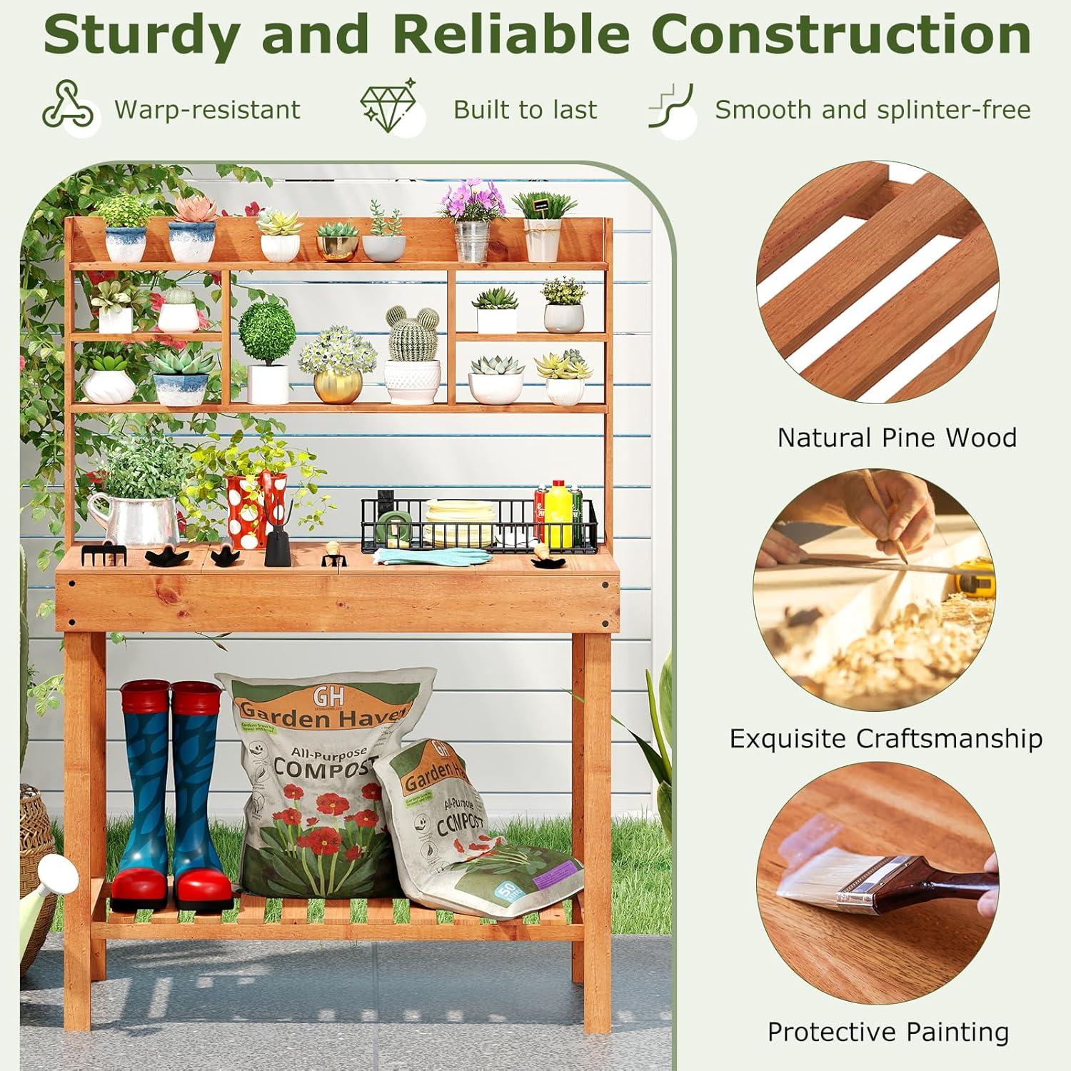 image:imageGiantex Garden Potting Bench Table Large Workbench Table with Shelves Openable Tabletop Hidden Storage Cabinet 3 Hooks Outdoor Wooden Workstation for Patio Garden Garage 435x195x 605Brown
