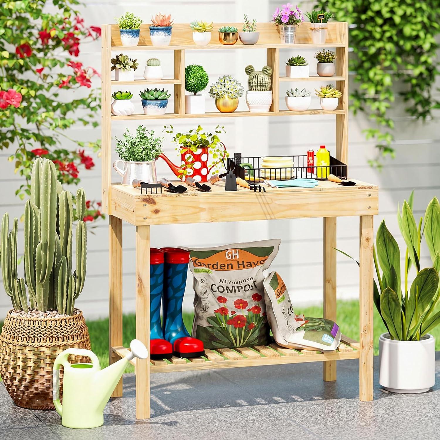image:imageGiantex Garden Potting Bench Table Large Workbench Table with Shelves Openable Tabletop Hidden Storage Cabinet 3 Hooks Outdoor Wooden Workstation for Patio Garden Garage 435x195x 605Natural