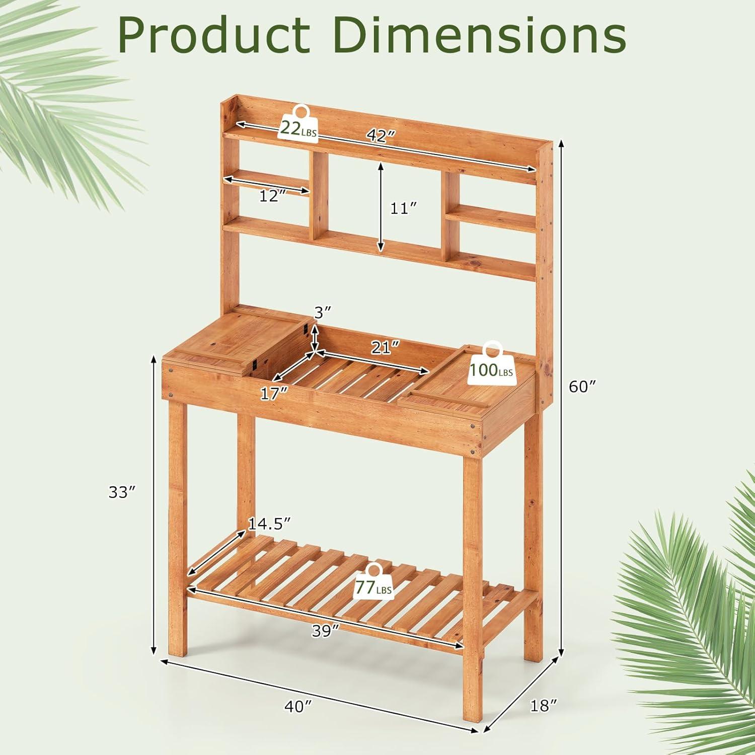 image:imageGiantex Garden Potting Bench Table Large Workbench Table with Shelves Openable Tabletop Hidden Storage Cabinet 3 Hooks Outdoor Wooden Workstation for Patio Garden Garage 435x195x 605Brown
