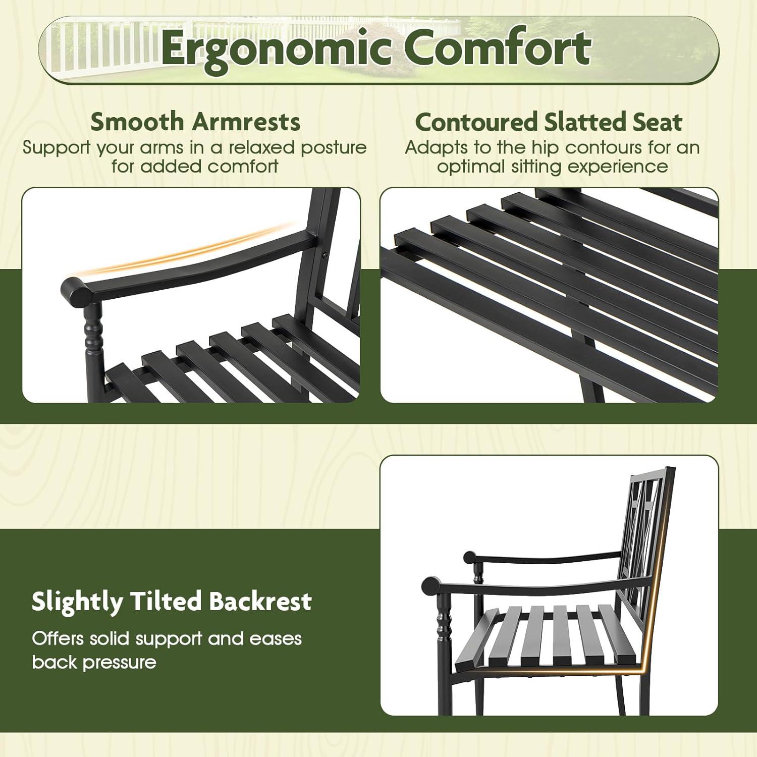image:imageGiantex Metal Outdoor Bench with Backrest Curved Armrests NonSlip Foot Pads Slatted Seat for 23 Persons Load 660lbs Loveseat Patio Bench for Garden Yard Poolside Lawn Porch Park BlackBlack