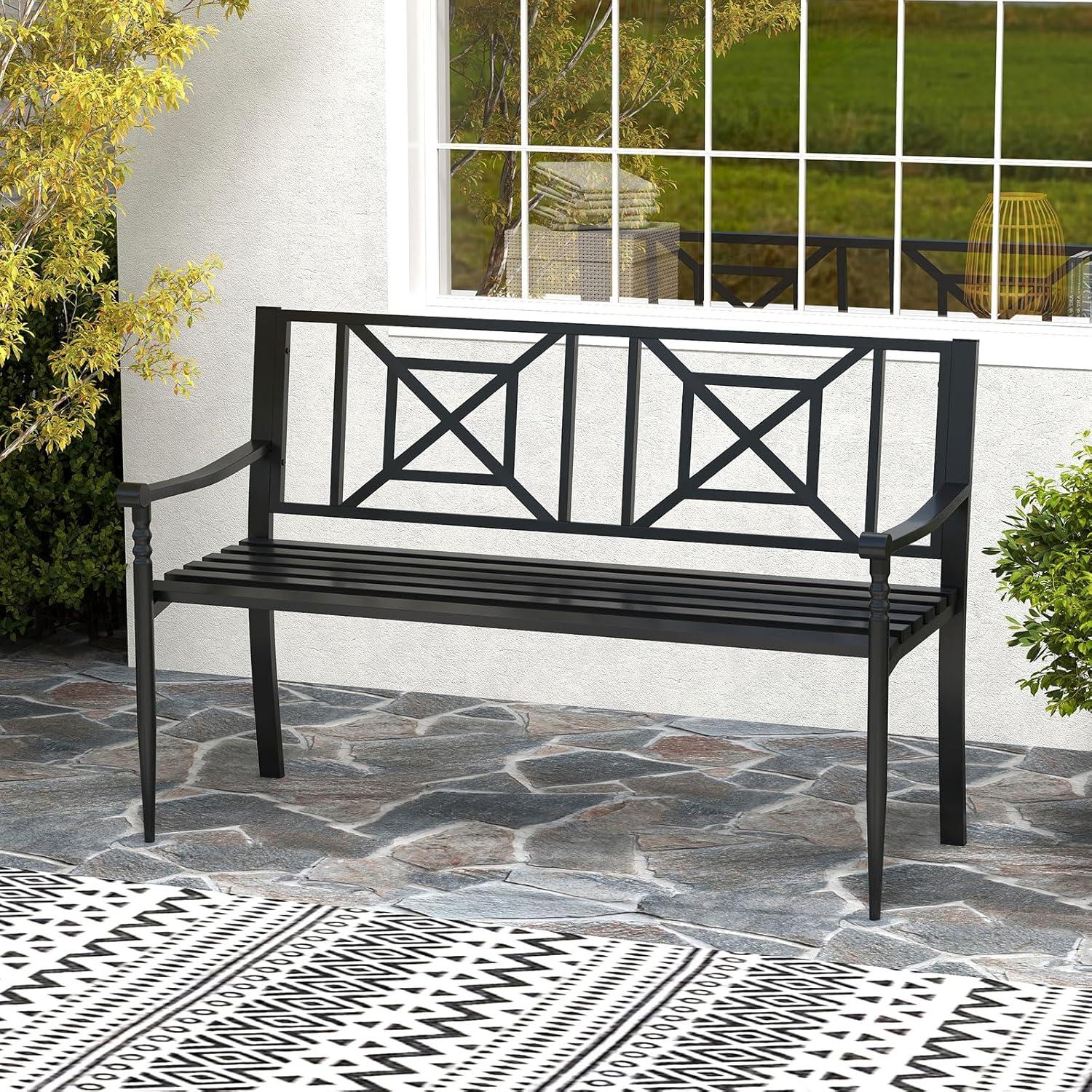 image:imageGiantex Metal Outdoor Bench with Backrest Curved Armrests NonSlip Foot Pads Slatted Seat for 23 Persons Load 660lbs Loveseat Patio Bench for Garden Yard Poolside Lawn Porch Park BlackBlack