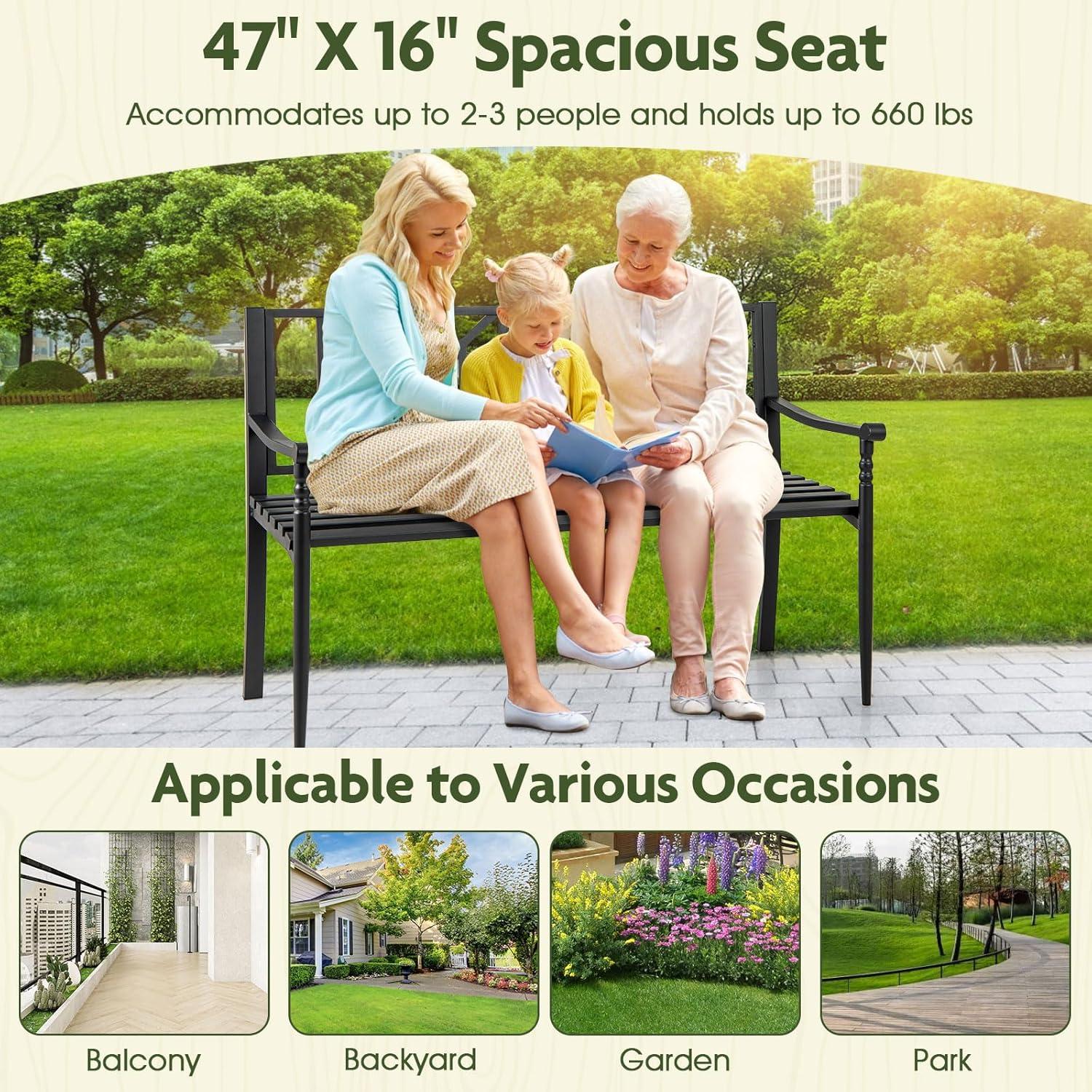 image:imageGiantex Metal Outdoor Bench with Backrest Curved Armrests NonSlip Foot Pads Slatted Seat for 23 Persons Load 660lbs Loveseat Patio Bench for Garden Yard Poolside Lawn Porch Park BlackBlack