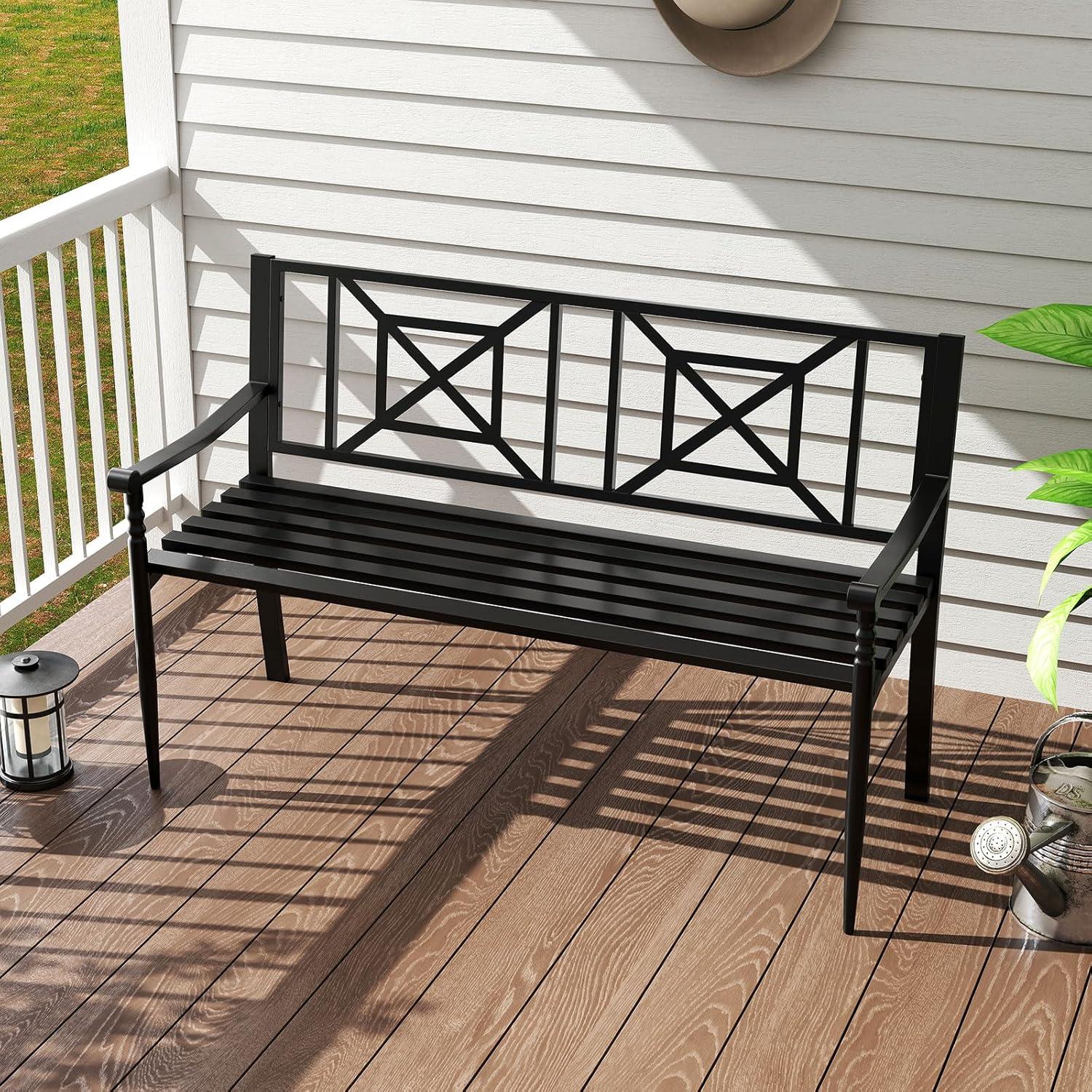 image:imageGiantex Metal Outdoor Bench with Backrest Curved Armrests NonSlip Foot Pads Slatted Seat for 23 Persons Load 660lbs Loveseat Patio Bench for Garden Yard Poolside Lawn Porch Park BlackBlack