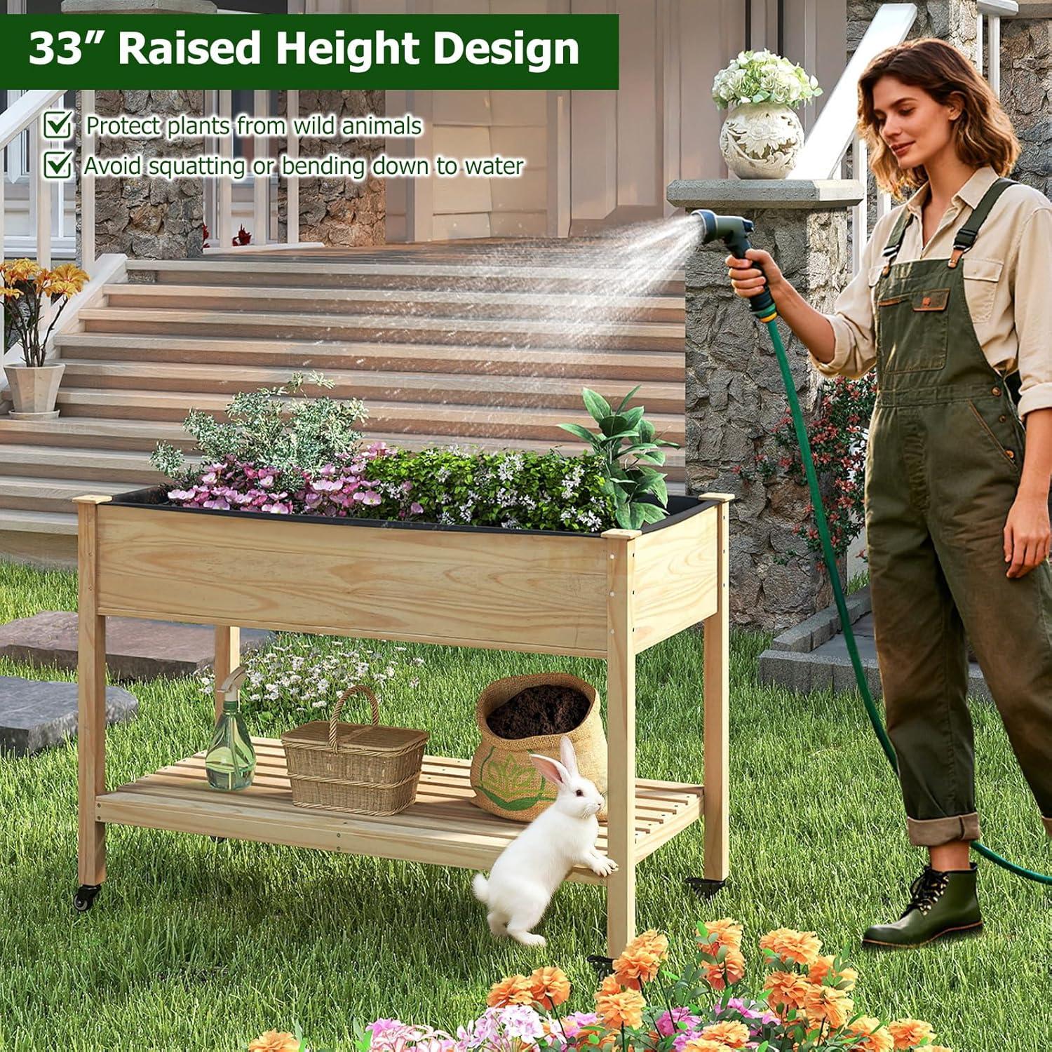image:imageGiantex Mobile Raised Garden Bed Wood Planter Box with Wheels Storage Shelf amp Liner 47x23x33 Rolling Raised Bed for Indoor Outdoor Plants Vegetables Flower Herbs Fruit Gardening1