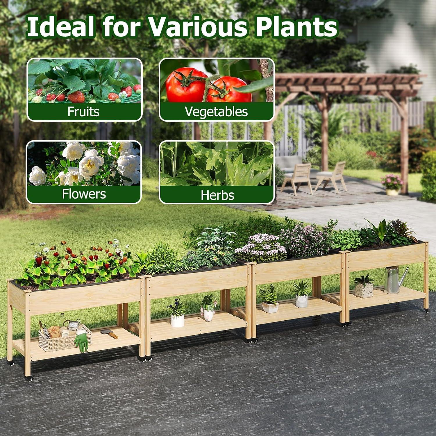 image:imageGiantex Mobile Raised Garden Bed Wood Planter Box with Wheels Storage Shelf amp Liner 47x23x33 Rolling Raised Bed for Indoor Outdoor Plants Vegetables Flower Herbs Fruit Gardening1