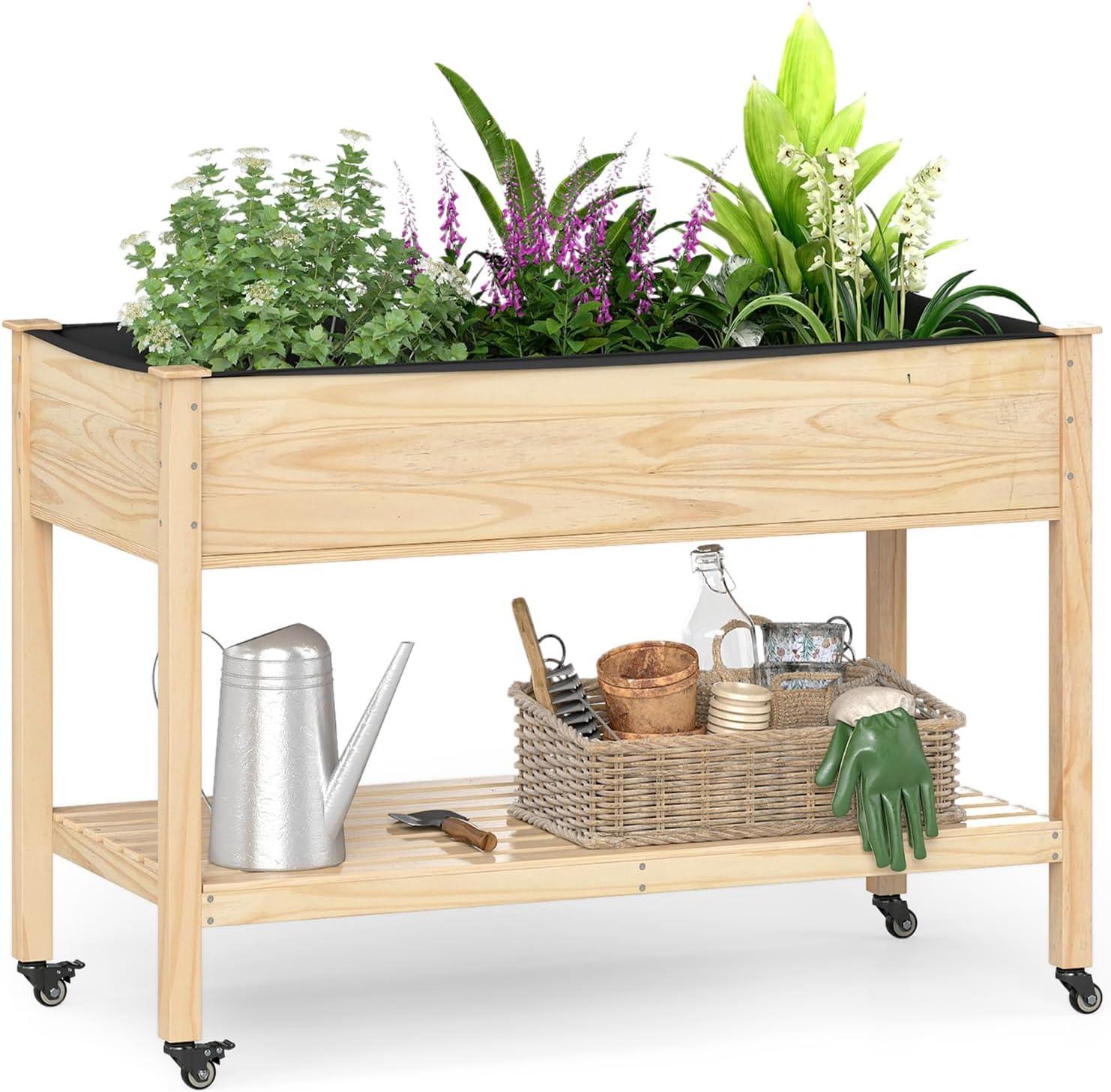 image:imageGiantex Mobile Raised Garden Bed Wood Planter Box with Wheels Storage Shelf amp Liner 47x23x33 Rolling Raised Bed for Indoor Outdoor Plants Vegetables Flower Herbs Fruit Gardening1