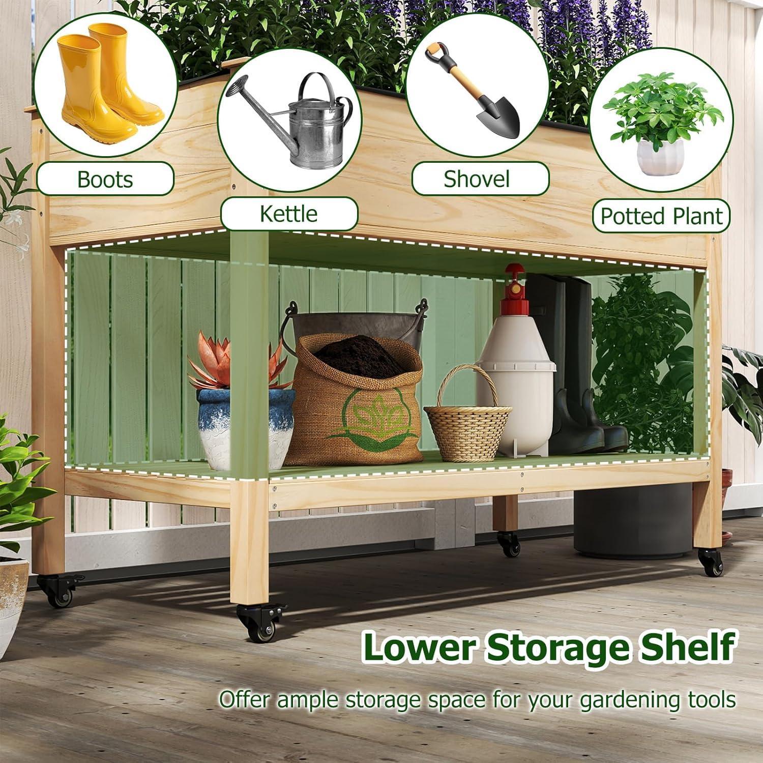image:imageGiantex Mobile Raised Garden Bed Wood Planter Box with Wheels Storage Shelf amp Liner 47x23x33 Rolling Raised Bed for Indoor Outdoor Plants Vegetables Flower Herbs Fruit Gardening1