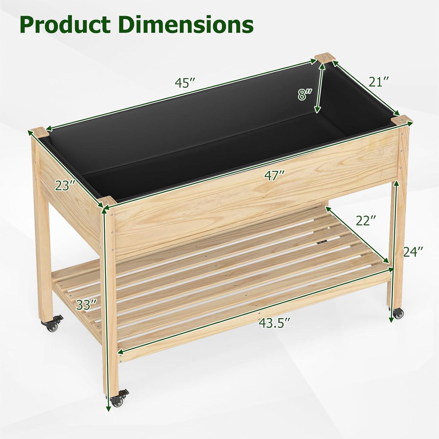 image:imageGiantex Mobile Raised Garden Bed Wood Planter Box with Wheels Storage Shelf amp Liner 47x23x33 Rolling Raised Bed for Indoor Outdoor Plants Vegetables Flower Herbs Fruit Gardening1