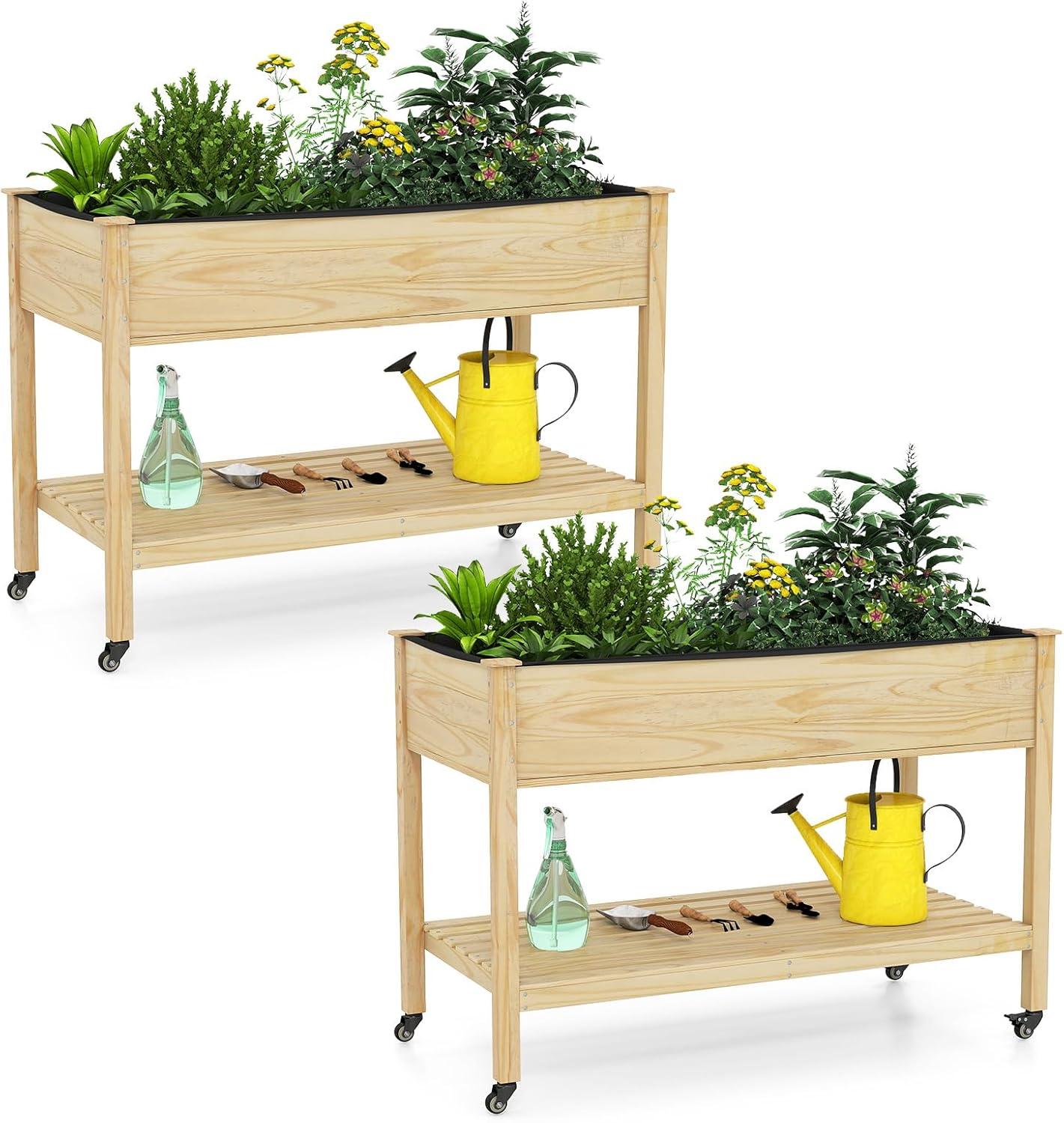 image:imageGiantex Mobile Raised Garden Bed Wood Planter Box with Wheels Storage Shelf amp Liner 47x23x33 Rolling Raised Bed for Indoor Outdoor Plants Vegetables Flower Herbs Fruit Gardening2
