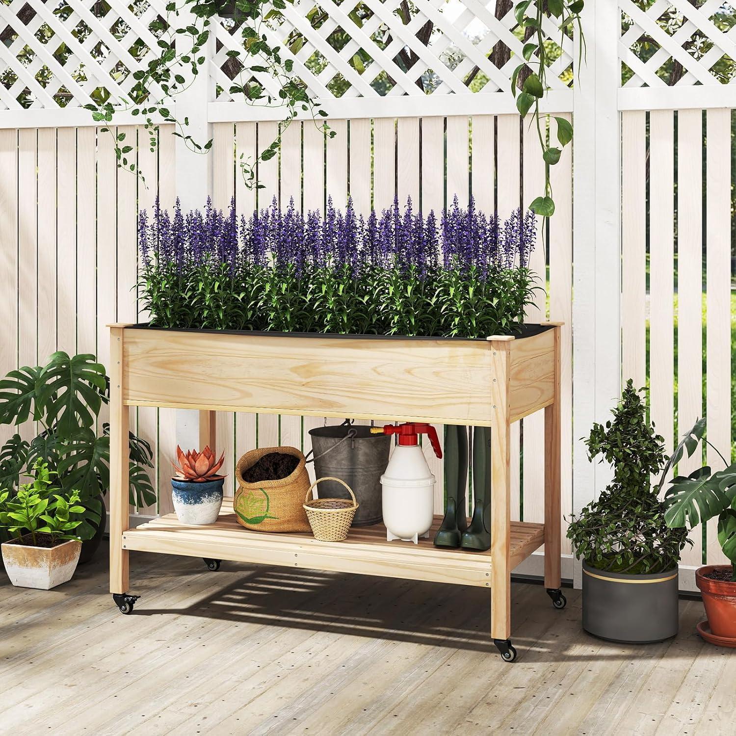image:imageGiantex Mobile Raised Garden Bed Wood Planter Box with Wheels Storage Shelf amp Liner 47x23x33 Rolling Raised Bed for Indoor Outdoor Plants Vegetables Flower Herbs Fruit Gardening1