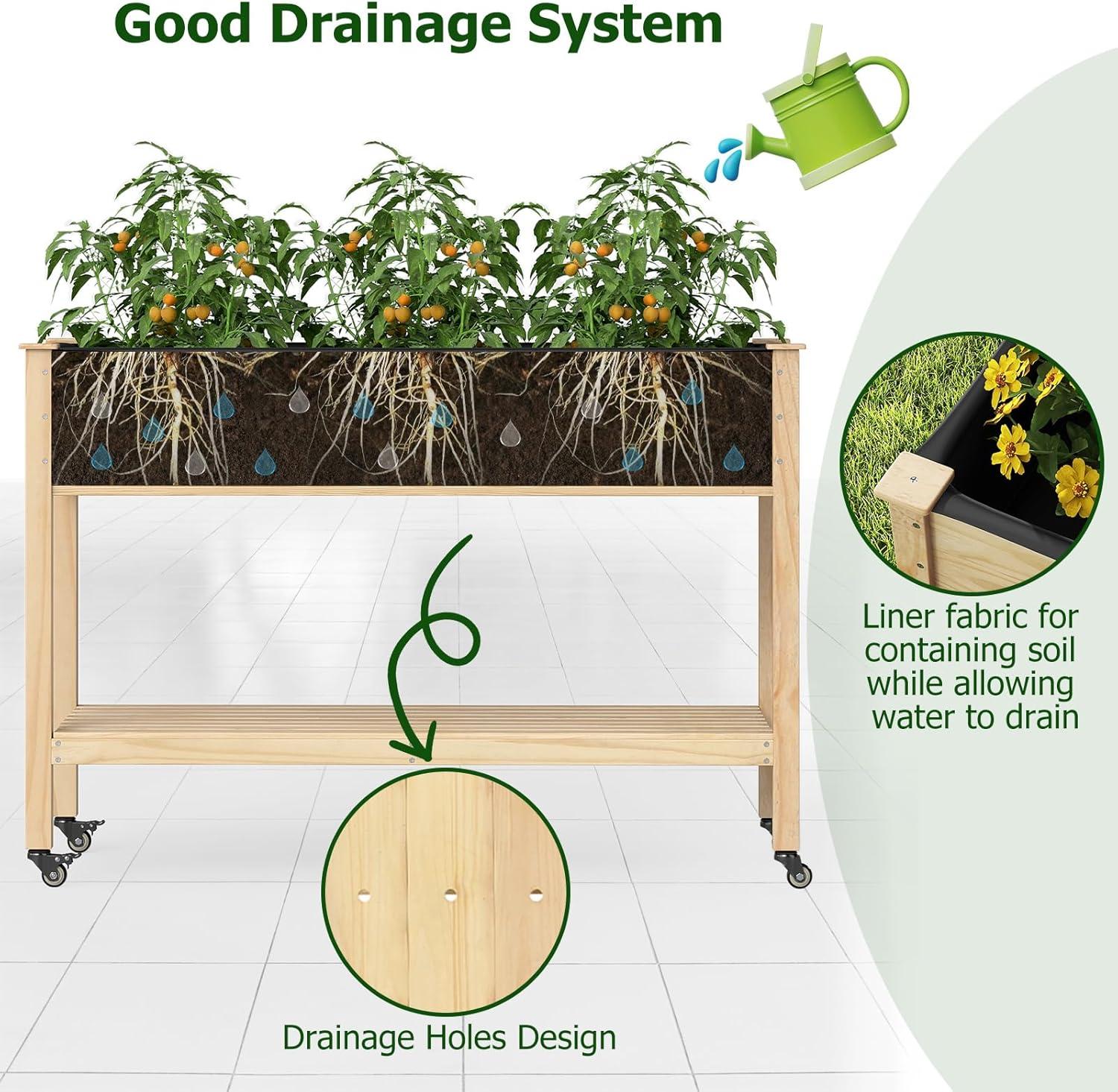 image:imageGiantex Mobile Raised Garden Bed Wood Planter Box with Wheels Storage Shelf amp Liner 47x23x33 Rolling Raised Bed for Indoor Outdoor Plants Vegetables Flower Herbs Fruit Gardening1