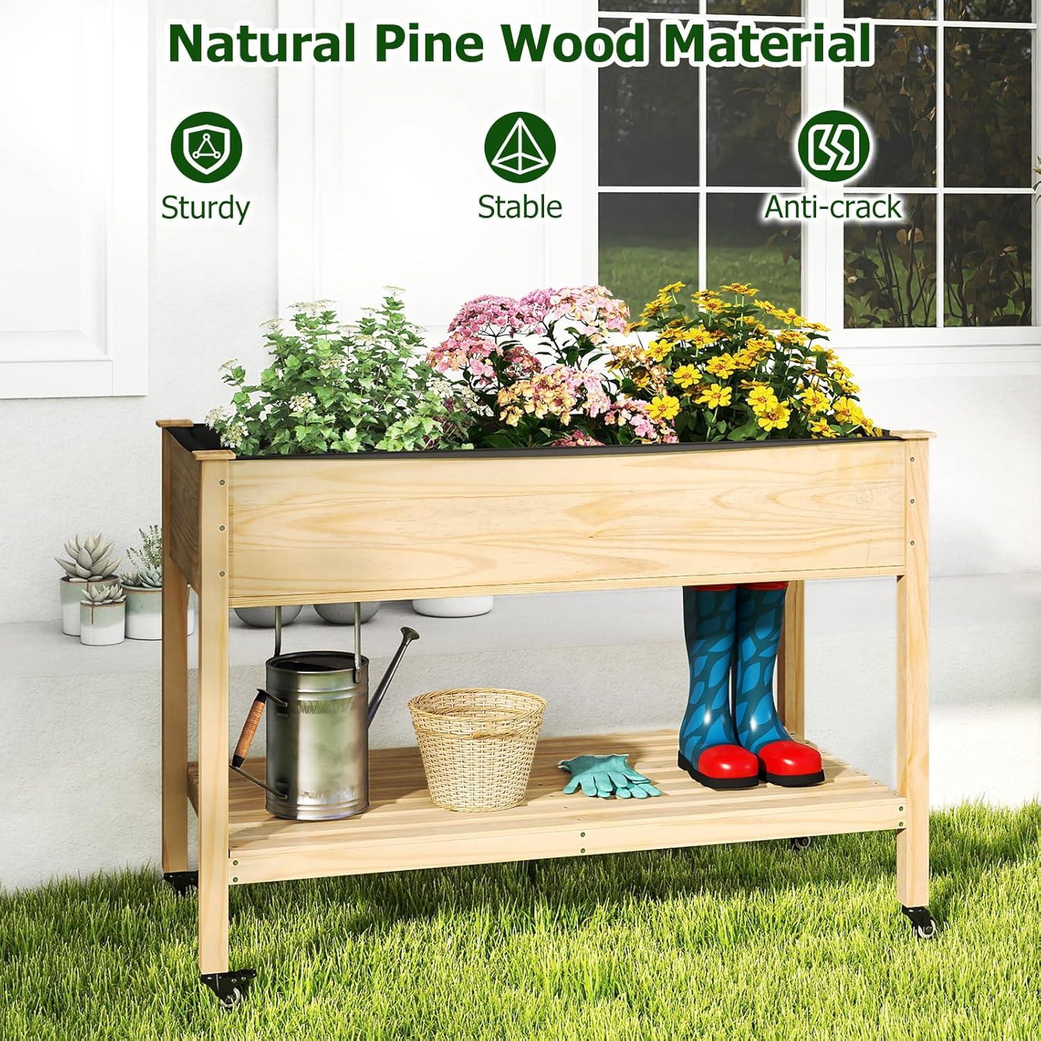 image:imageGiantex Mobile Raised Garden Bed Wood Planter Box with Wheels Storage Shelf amp Liner 47x23x33 Rolling Raised Bed for Indoor Outdoor Plants Vegetables Flower Herbs Fruit Gardening1