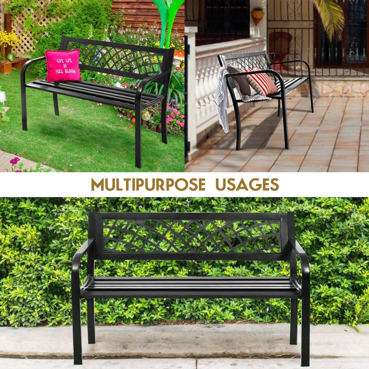 image:imageGiantex Outdoor Bench Garden Bench with Iron Steel Frame PVC Backrest Mesh Pattern Ergonomic Armrests 500 lbs Metal Outside Bench for Patio Park Porch Lawn Yard Balcony Path Entryway Deck46L x 20W x 30H