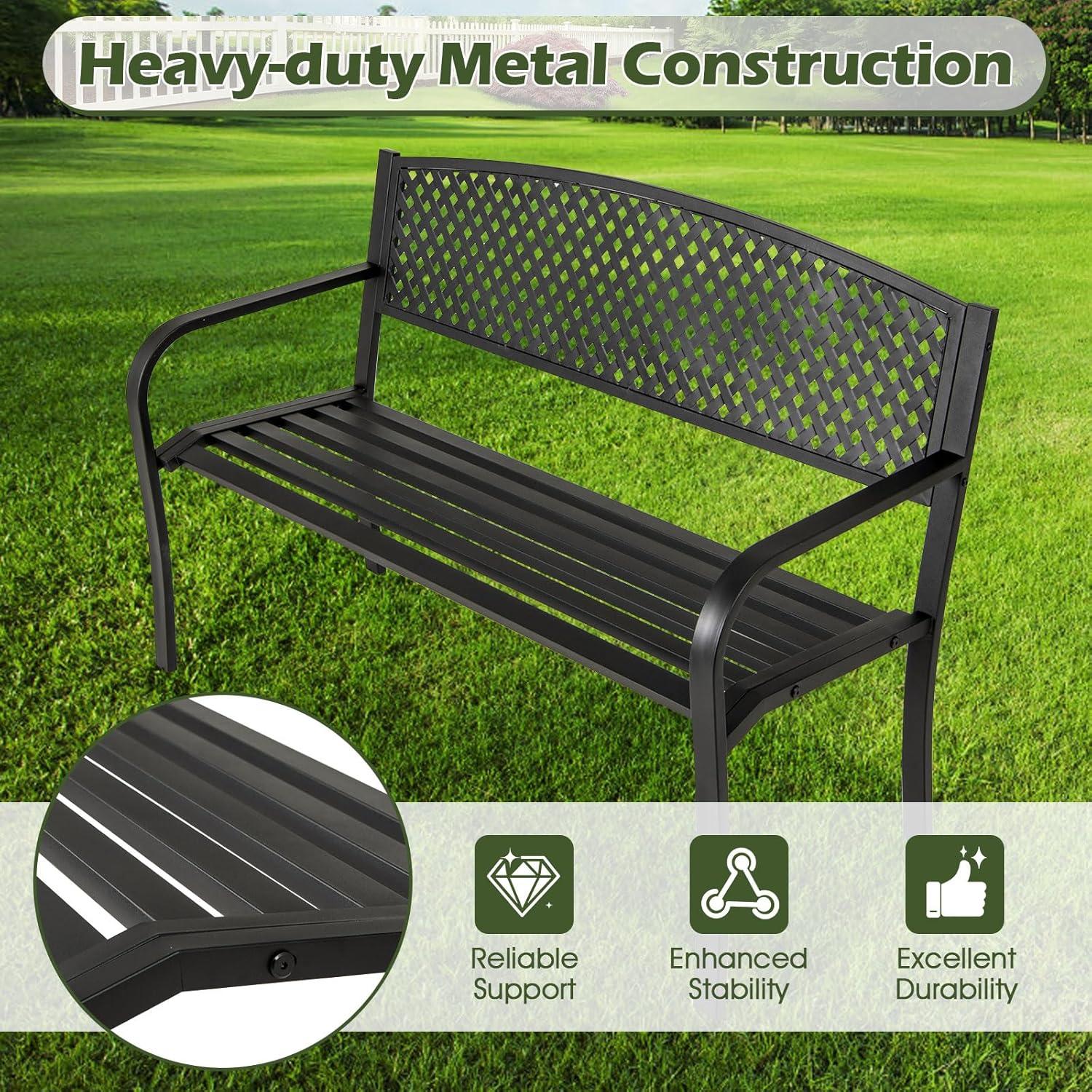 image:imageGiantex Outdoor Bench Garden Bench with Iron Steel Frame PVC Backrest Mesh Pattern Ergonomic Armrests 500 lbs Metal Outside Bench for Patio Park Porch Lawn Yard Balcony Path Entryway Deck5024335