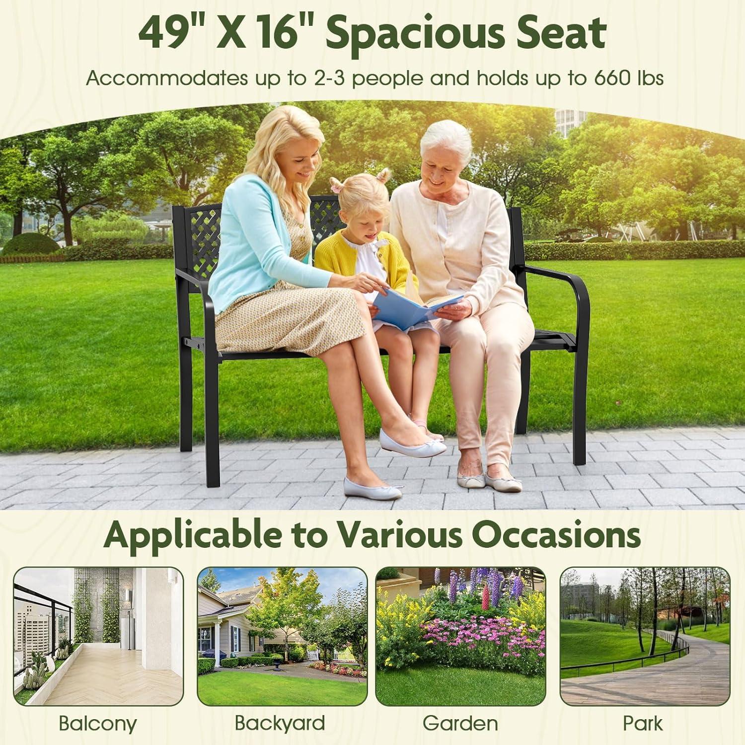 image:imageGiantex Outdoor Bench Garden Bench with Iron Steel Frame PVC Backrest Mesh Pattern Ergonomic Armrests 500 lbs Metal Outside Bench for Patio Park Porch Lawn Yard Balcony Path Entryway Deck5024335