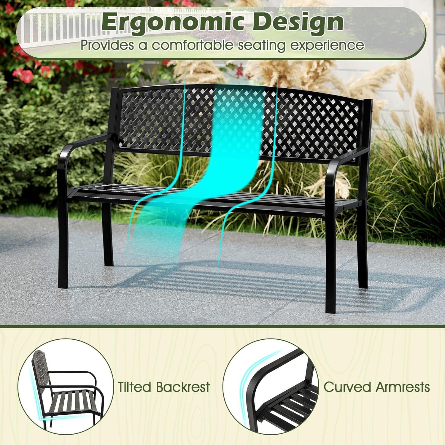 image:imageGiantex Outdoor Bench Garden Bench with Iron Steel Frame PVC Backrest Mesh Pattern Ergonomic Armrests 500 lbs Metal Outside Bench for Patio Park Porch Lawn Yard Balcony Path Entryway Deck5024335