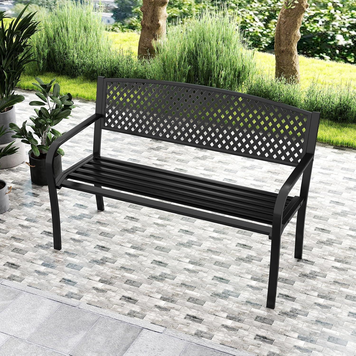 image:imageGiantex Outdoor Bench Garden Bench with Iron Steel Frame PVC Backrest Mesh Pattern Ergonomic Armrests 500 lbs Metal Outside Bench for Patio Park Porch Lawn Yard Balcony Path Entryway Deck5024335