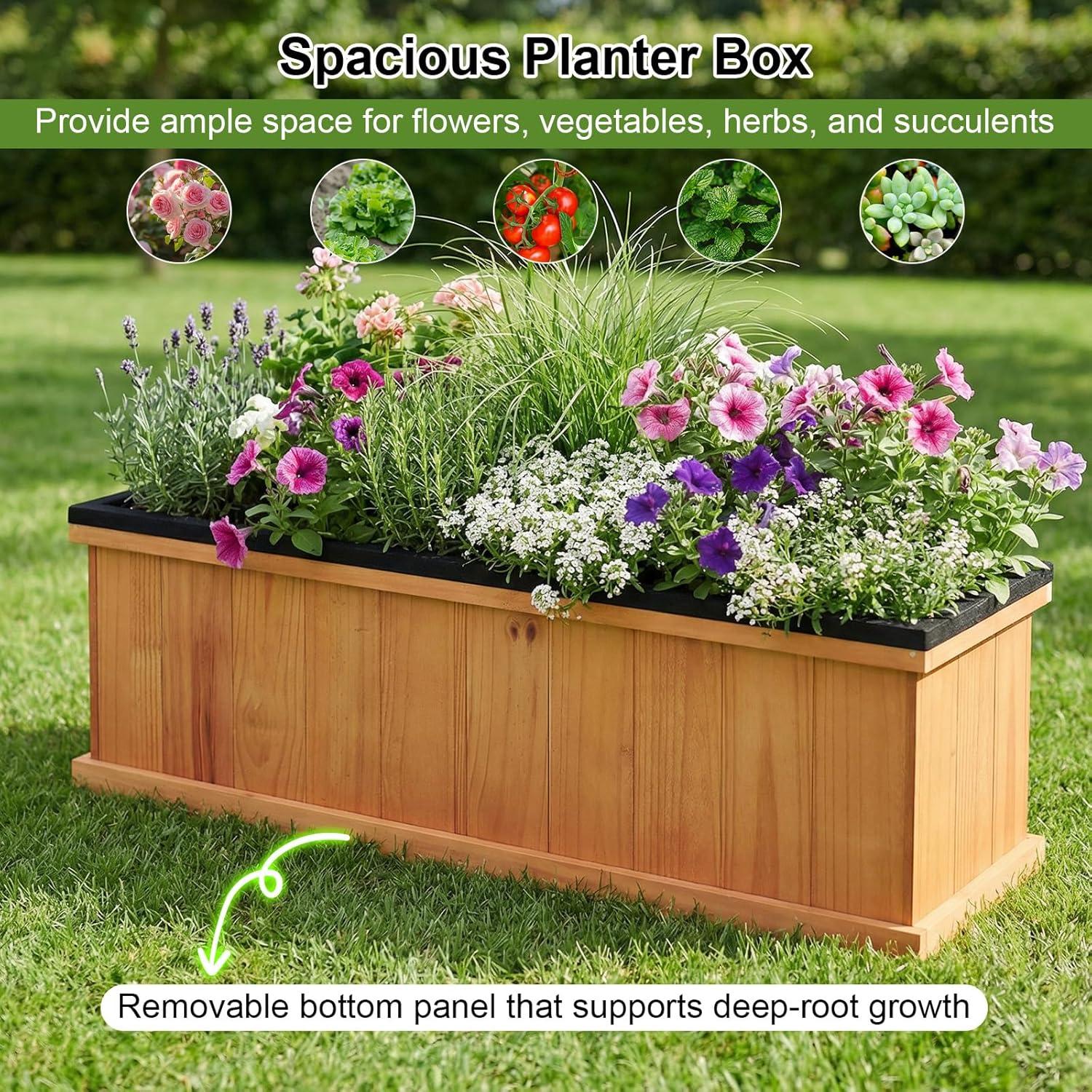 image:imageGiantex Outdoor Raised Garden Bed 40 x 13 x 12 Pine Wood Planter Box with 3 Drainage Holes Removable Bottom amp Bed Liner Rectangular Flower Container for Vegetables Herbs Indoor amp OutdoorOrange