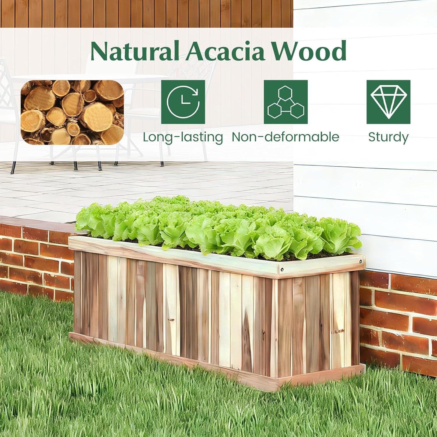 image:imageGiantex Outdoor Raised Garden Bed 40 x 13 x 12 Pine Wood Planter Box with 3 Drainage Holes Removable Bottom amp Bed Liner Rectangular Flower Container for Vegetables Herbs Indoor amp OutdoorNatural