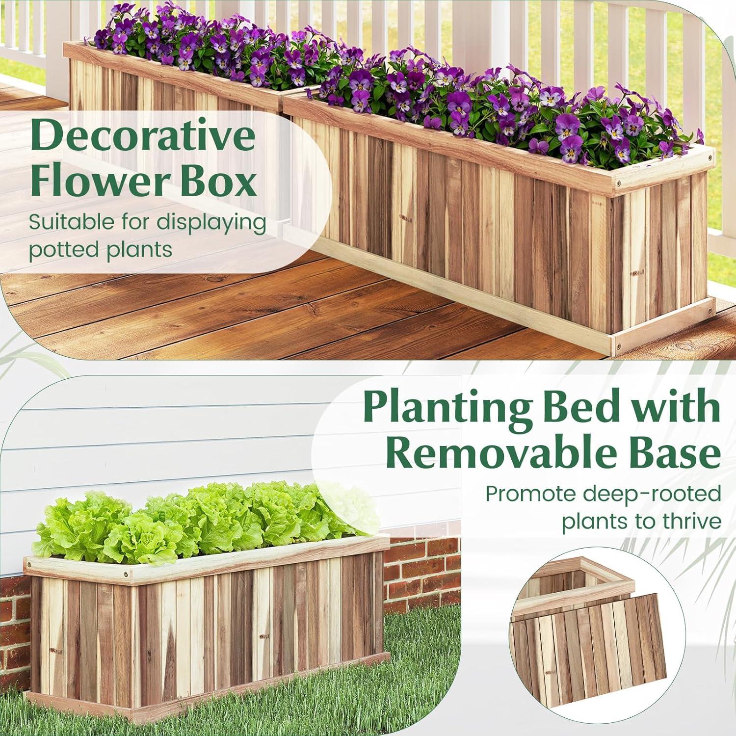 image:imageGiantex Outdoor Raised Garden Bed 40 x 13 x 12 Pine Wood Planter Box with 3 Drainage Holes Removable Bottom amp Bed Liner Rectangular Flower Container for Vegetables Herbs Indoor amp OutdoorNatural