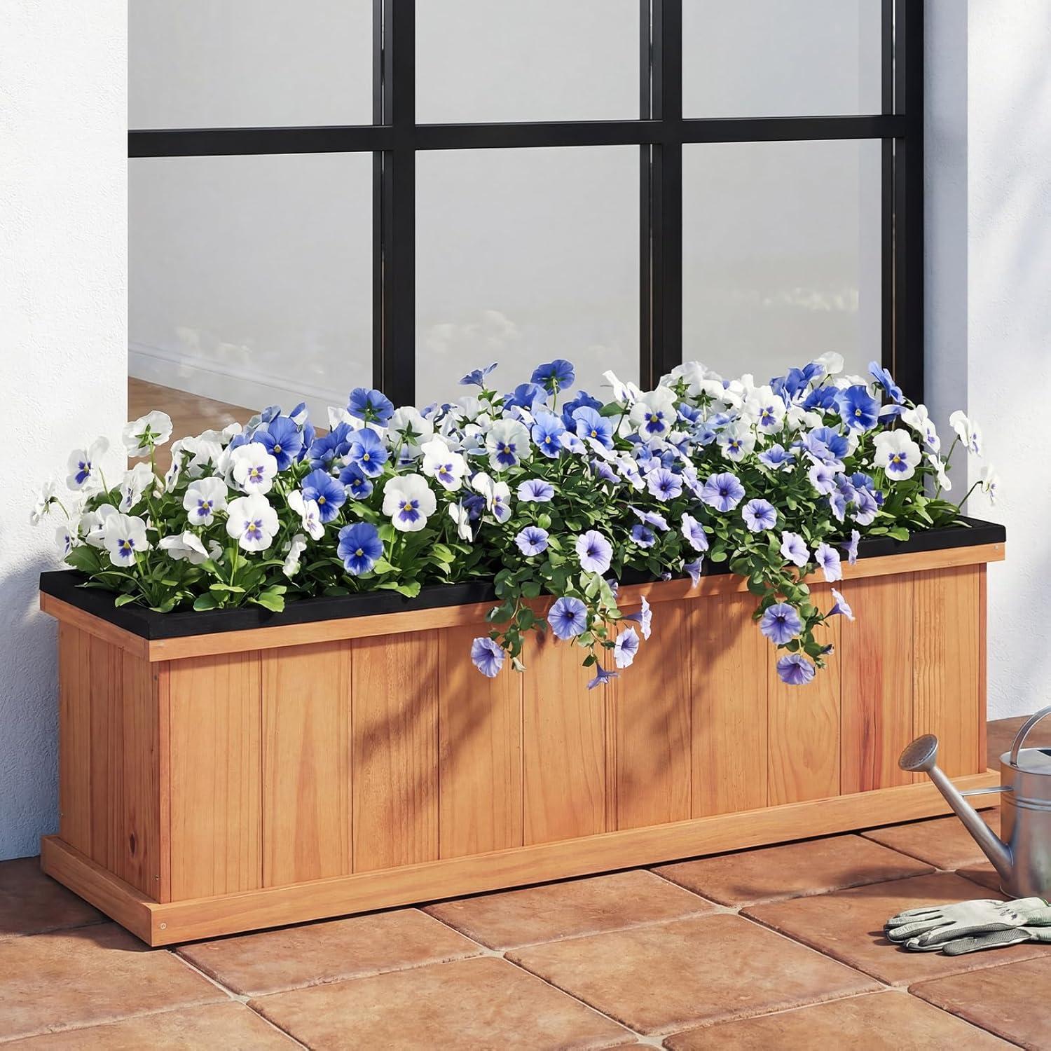 image:imageGiantex Outdoor Raised Garden Bed 40 x 13 x 12 Pine Wood Planter Box with 3 Drainage Holes Removable Bottom amp Bed Liner Rectangular Flower Container for Vegetables Herbs Indoor amp OutdoorOrange