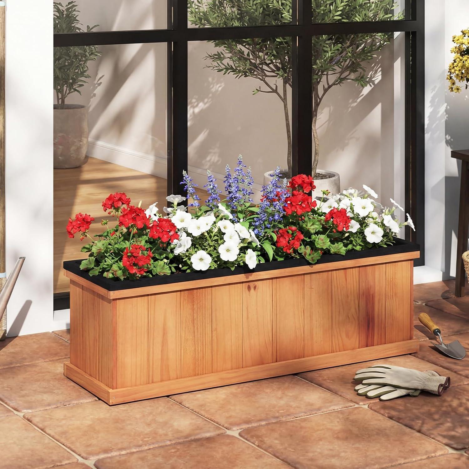 image:imageGiantex Outdoor Raised Garden Bed 40 x 13 x 12 Pine Wood Planter Box with 3 Drainage Holes Removable Bottom amp Bed Liner Rectangular Flower Container for Vegetables Herbs Indoor amp OutdoorOrange