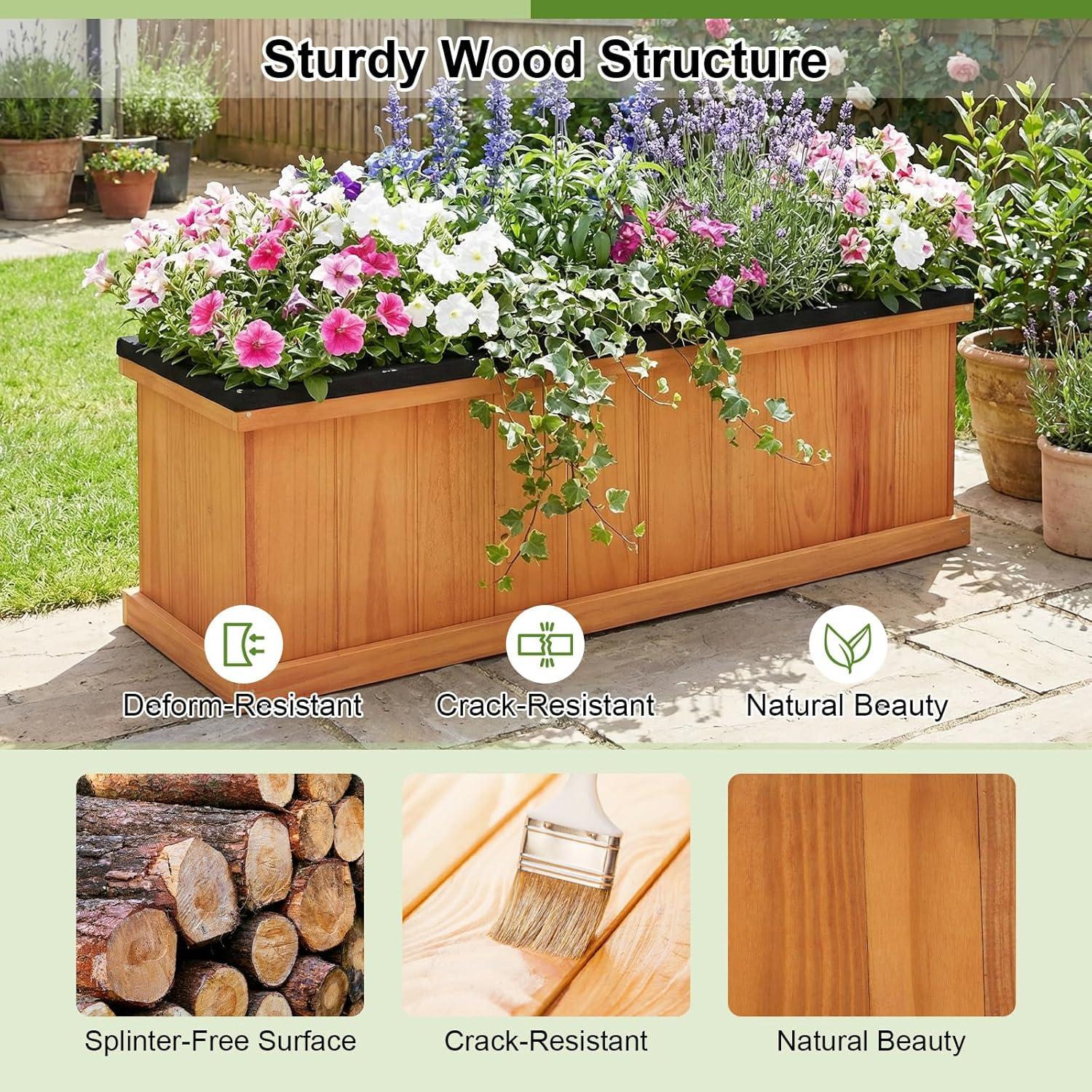 image:imageGiantex Outdoor Raised Garden Bed 40 x 13 x 12 Pine Wood Planter Box with 3 Drainage Holes Removable Bottom amp Bed Liner Rectangular Flower Container for Vegetables Herbs Indoor amp OutdoorOrange