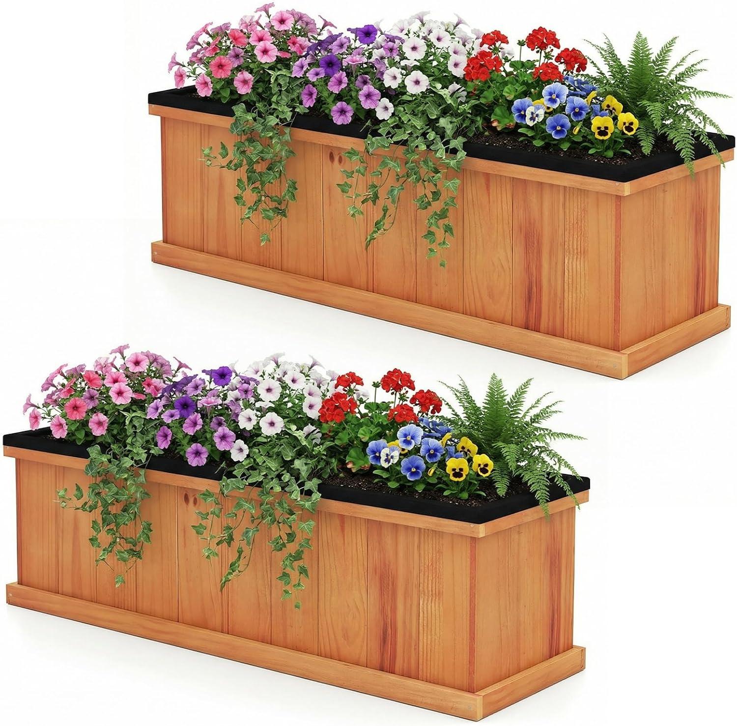 image:imageGiantex Outdoor Raised Garden Bed 40 x 13 x 12 Pine Wood Planter Box with 3 Drainage Holes Removable Bottom amp Bed Liner Rectangular Flower Container for Vegetables Herbs Indoor amp OutdoorOrange
