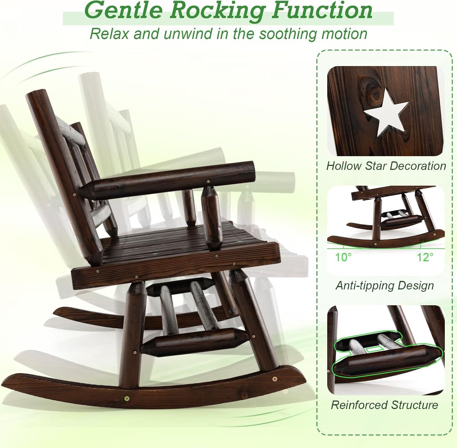 image:imageGiantex Outdoor Rocking Bench Patio Loveseat Rocker for 2 wErgonomic Back amp Log Arms Carbonized Fir Wood Frame Wooden Double Rocking Chair for Porch Garden 710 LB Capacity Rustic Brown 21