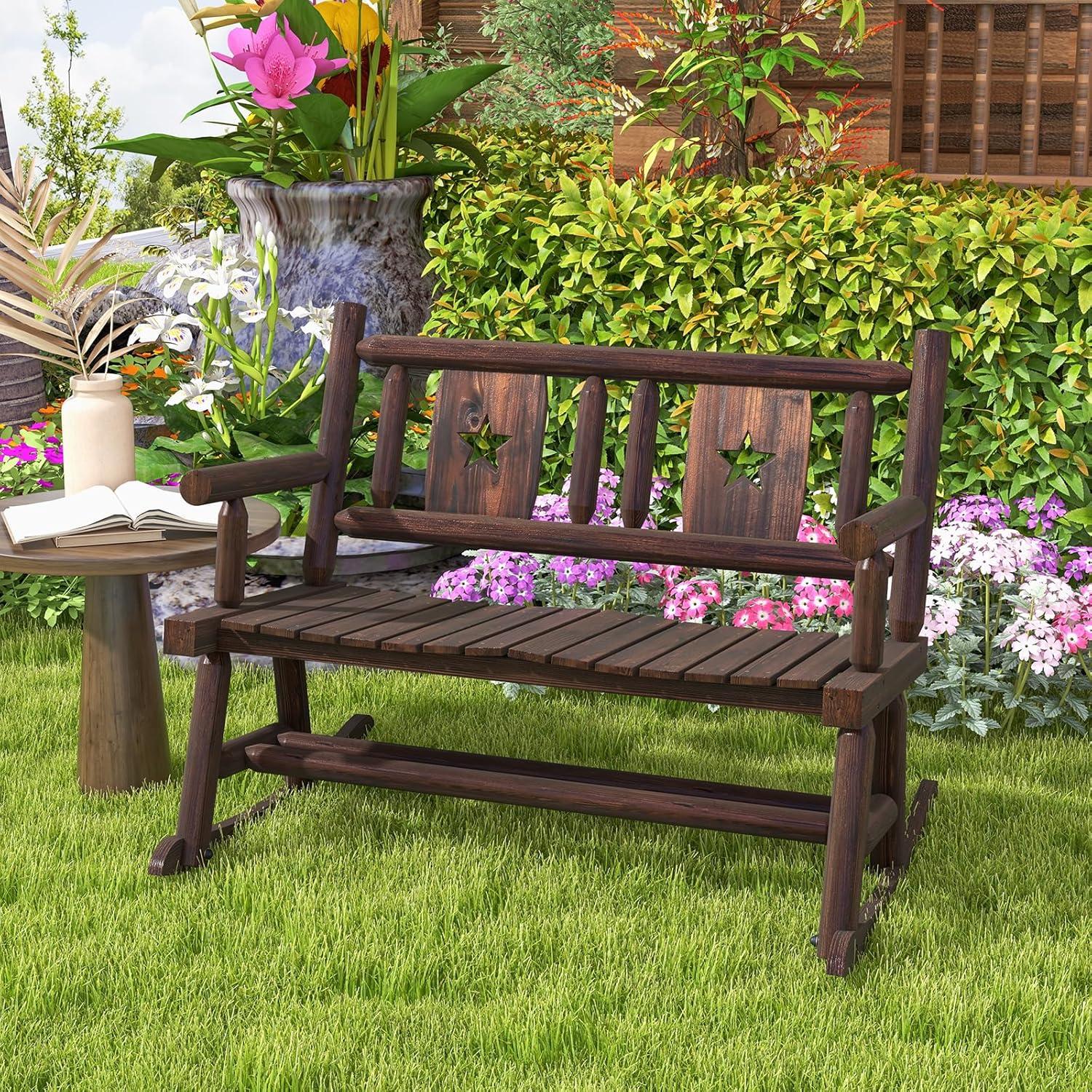 image:imageGiantex Outdoor Rocking Bench Patio Loveseat Rocker for 2 wErgonomic Back amp Log Arms Carbonized Fir Wood Frame Wooden Double Rocking Chair for Porch Garden 710 LB Capacity Rustic Brown 21
