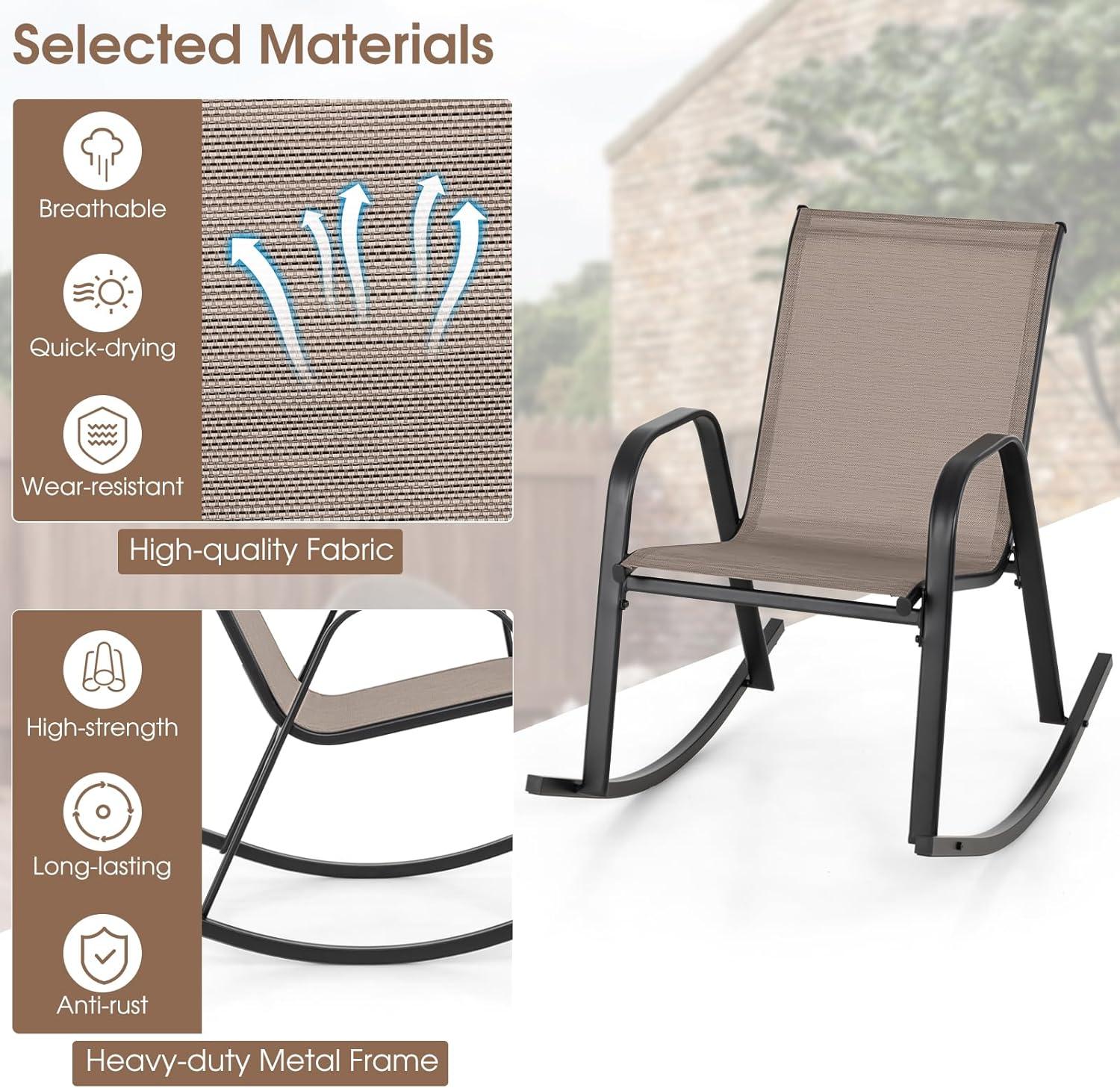image:imageGiantex Outdoor Rocking Chairs Set of 2 Patio Rocking Chairs wBreathable Seat amp Back HeavyDuty Metal Support Ergonomic Outside Rocker for Backyard Poolside Garden 1 GreyBrown