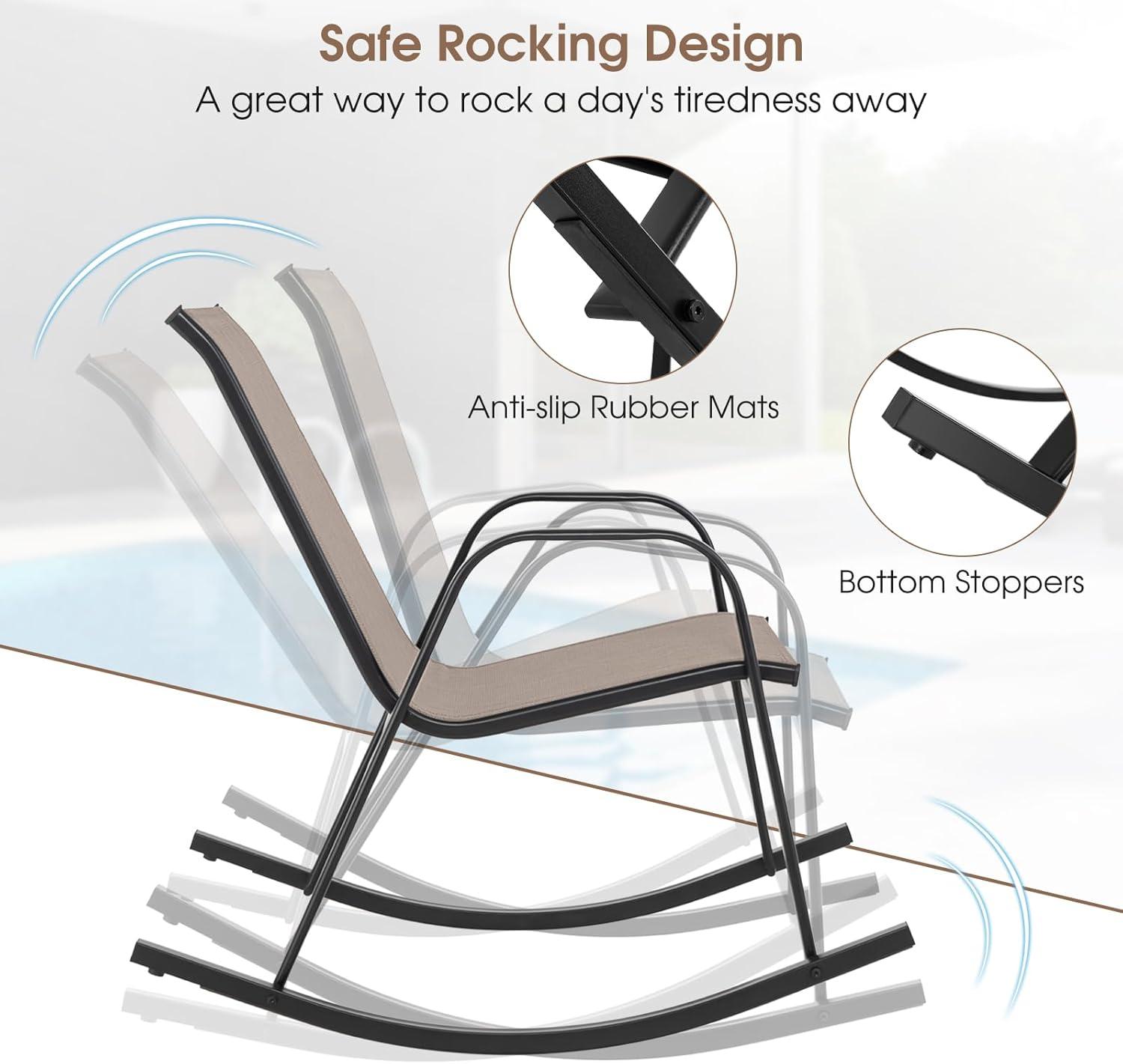 image:imageGiantex Outdoor Rocking Chairs Set of 2 Patio Rocking Chairs wBreathable Seat amp Back HeavyDuty Metal Support Ergonomic Outside Rocker for Backyard Poolside Garden 1 GreyBrown