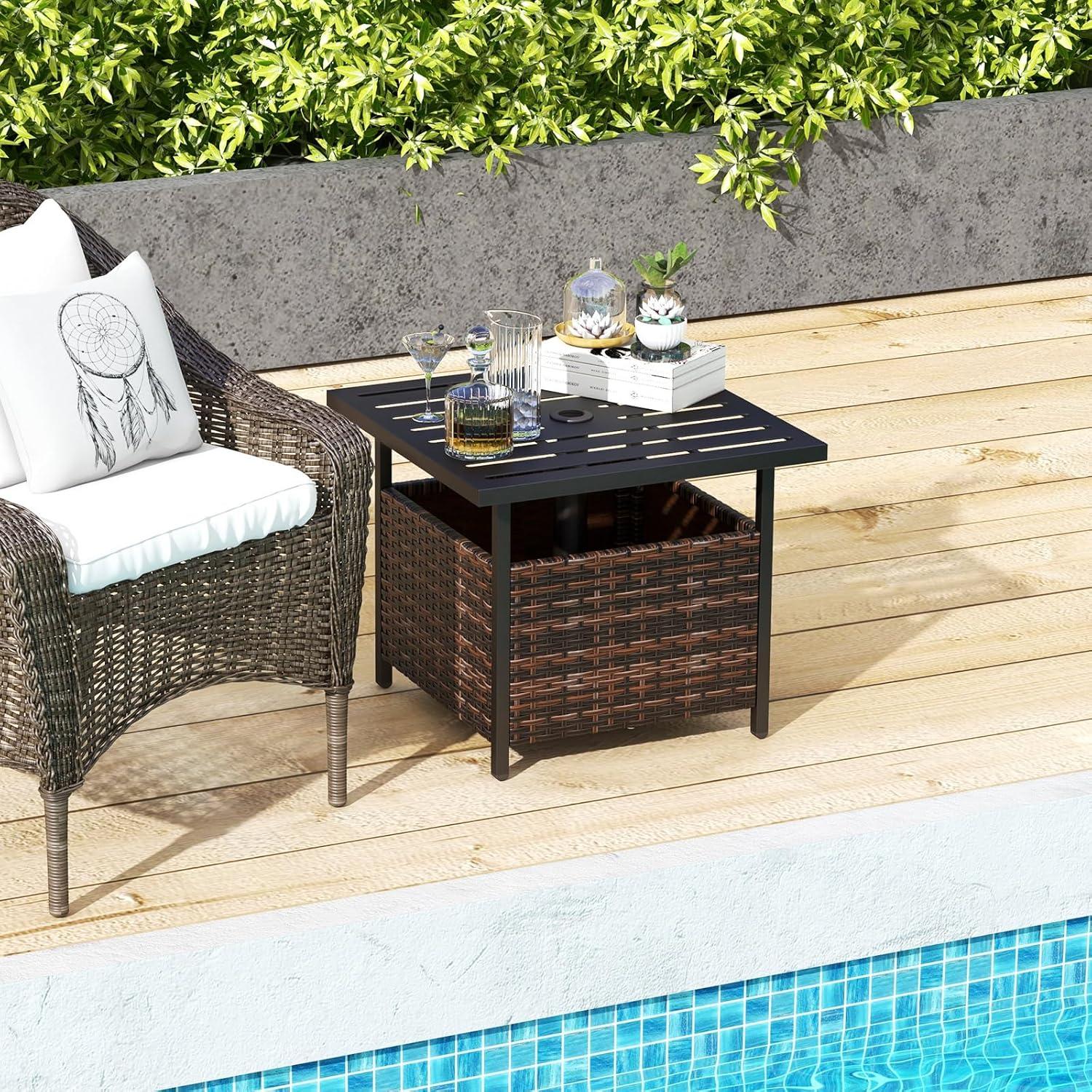 image:imageGiantex Outdoor Side Table with Umbrella Hole 22 Wicker Umbrella Table with Stand and Base WeatherResistant PE Rattan Patio End Table for Deck Garden Poolside Metal Tabletop Light GrayBrown