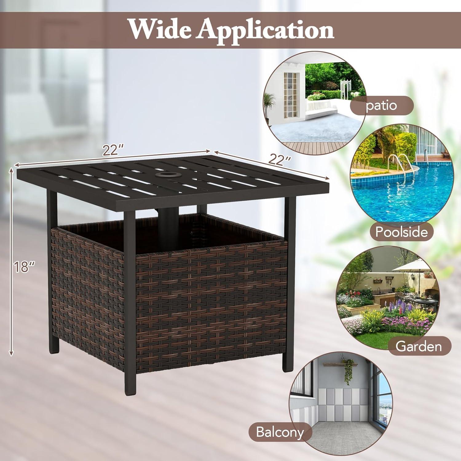 image:imageGiantex Outdoor Side Table with Umbrella Hole 22 Wicker Umbrella Table with Stand and Base WeatherResistant PE Rattan Patio End Table for Deck Garden Poolside Metal Tabletop Light GrayBrown
