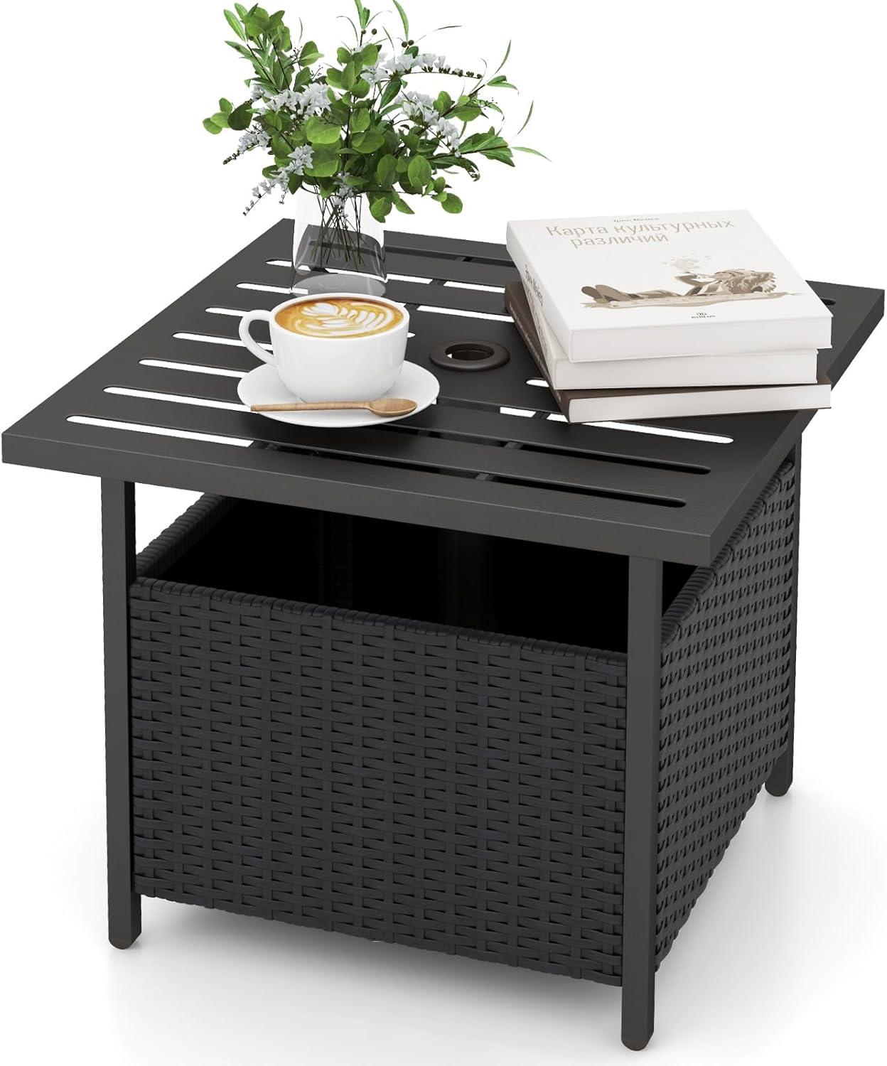 image:imageGiantex Outdoor Side Table with Umbrella Hole 22 Wicker Umbrella Table with Stand and Base WeatherResistant PE Rattan Patio End Table for Deck Garden Poolside Metal Tabletop Light GrayBlack