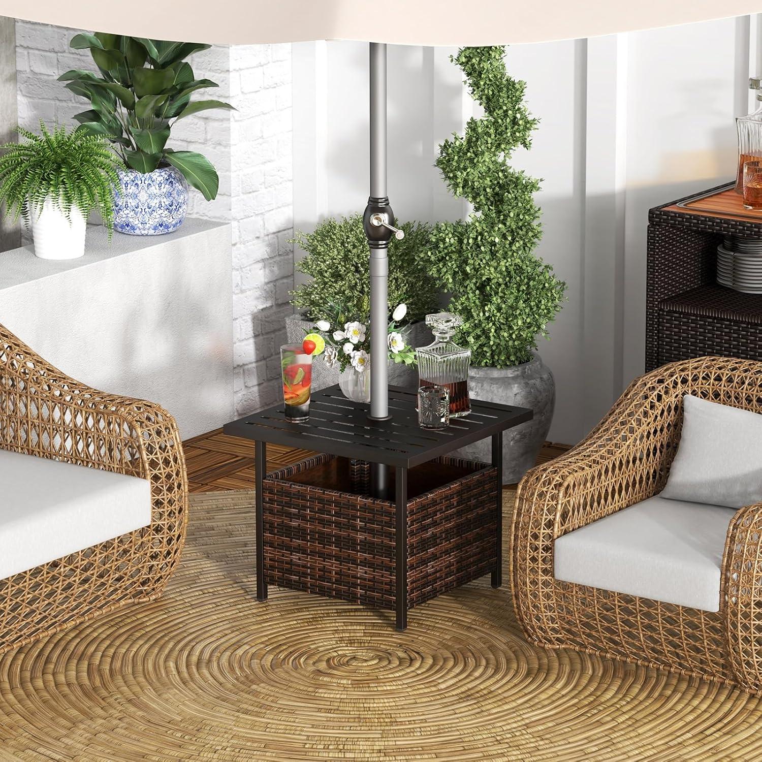 image:imageGiantex Outdoor Side Table with Umbrella Hole 22 Wicker Umbrella Table with Stand and Base WeatherResistant PE Rattan Patio End Table for Deck Garden Poolside Metal Tabletop Light GrayBrown