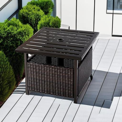 image:imageGiantex Outdoor Side Table with Umbrella Hole 22 Wicker Umbrella Table with Stand and Base WeatherResistant PE Rattan Patio End Table for Deck Garden Poolside Metal Tabletop Light GrayBrown