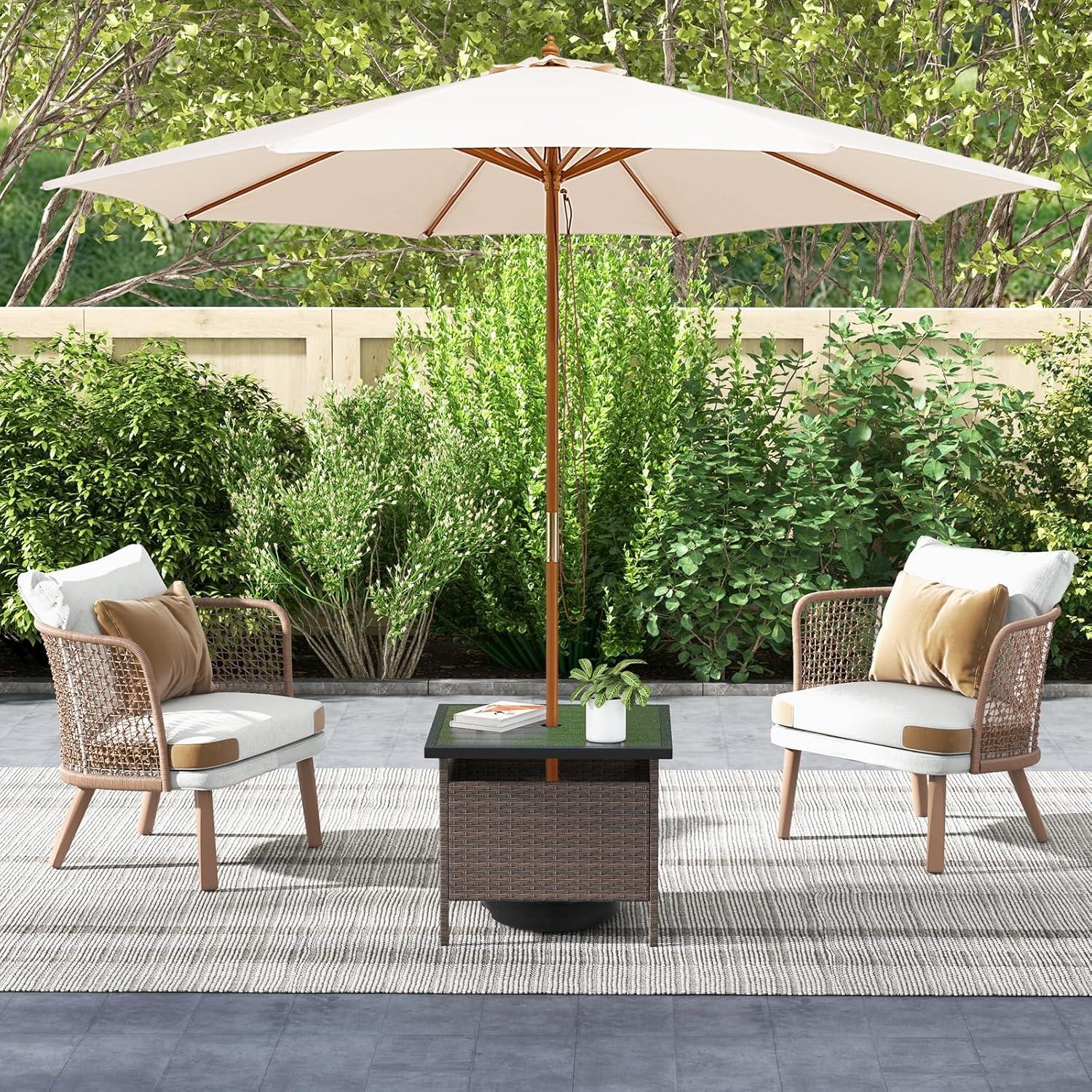 image:imageGiantex Outdoor Side Table with Umbrella Hole 22 Wicker Umbrella Table with Stand and Base WeatherResistant PE Rattan Patio End Table for Deck Garden Poolside Metal Tabletop Light GrayBrown