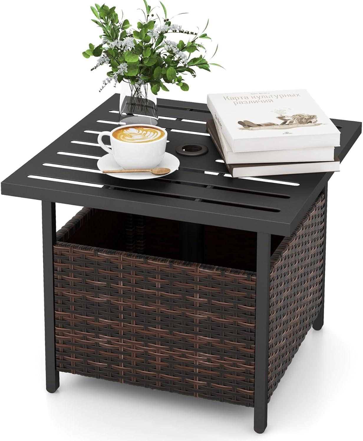 image:imageGiantex Outdoor Side Table with Umbrella Hole 22 Wicker Umbrella Table with Stand and Base WeatherResistant PE Rattan Patio End Table for Deck Garden Poolside Metal Tabletop Light GrayBrown