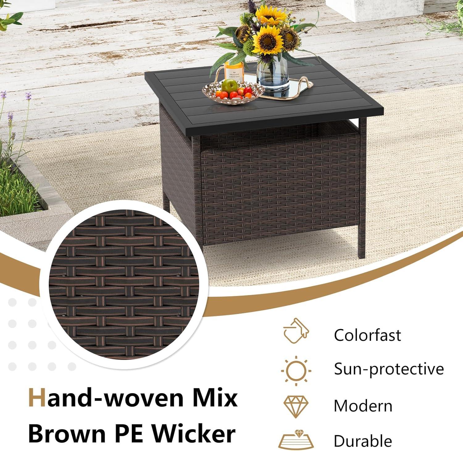 image:imageGiantex Outdoor Side Table with Umbrella Hole 22 Wicker Umbrella Table with Stand and Base WeatherResistant PE Rattan Patio End Table for Deck Garden Poolside Metal Tabletop Light GrayBrown