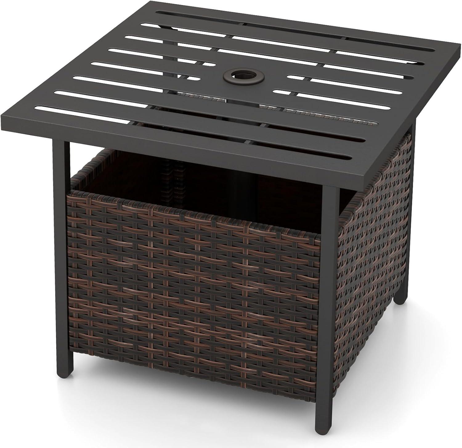 image:imageGiantex Outdoor Side Table with Umbrella Hole 22 Wicker Umbrella Table with Stand and Base WeatherResistant PE Rattan Patio End Table for Deck Garden Poolside Metal Tabletop Light GrayBrown